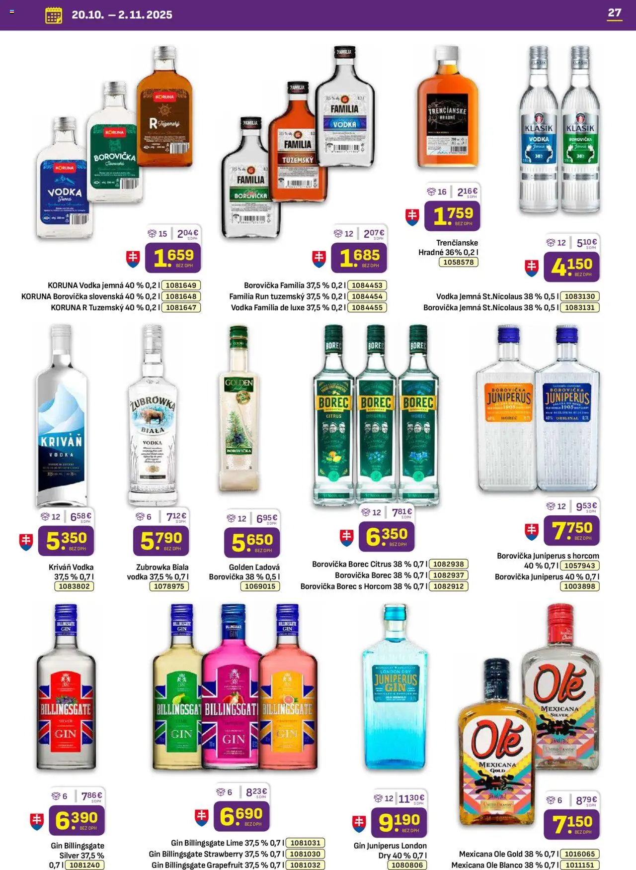 Nové Libex akcie – leták je platný od 20.10.2025 | Strana: 27 | Produkty: Borovička, Gin, Vodka, Grapefruit