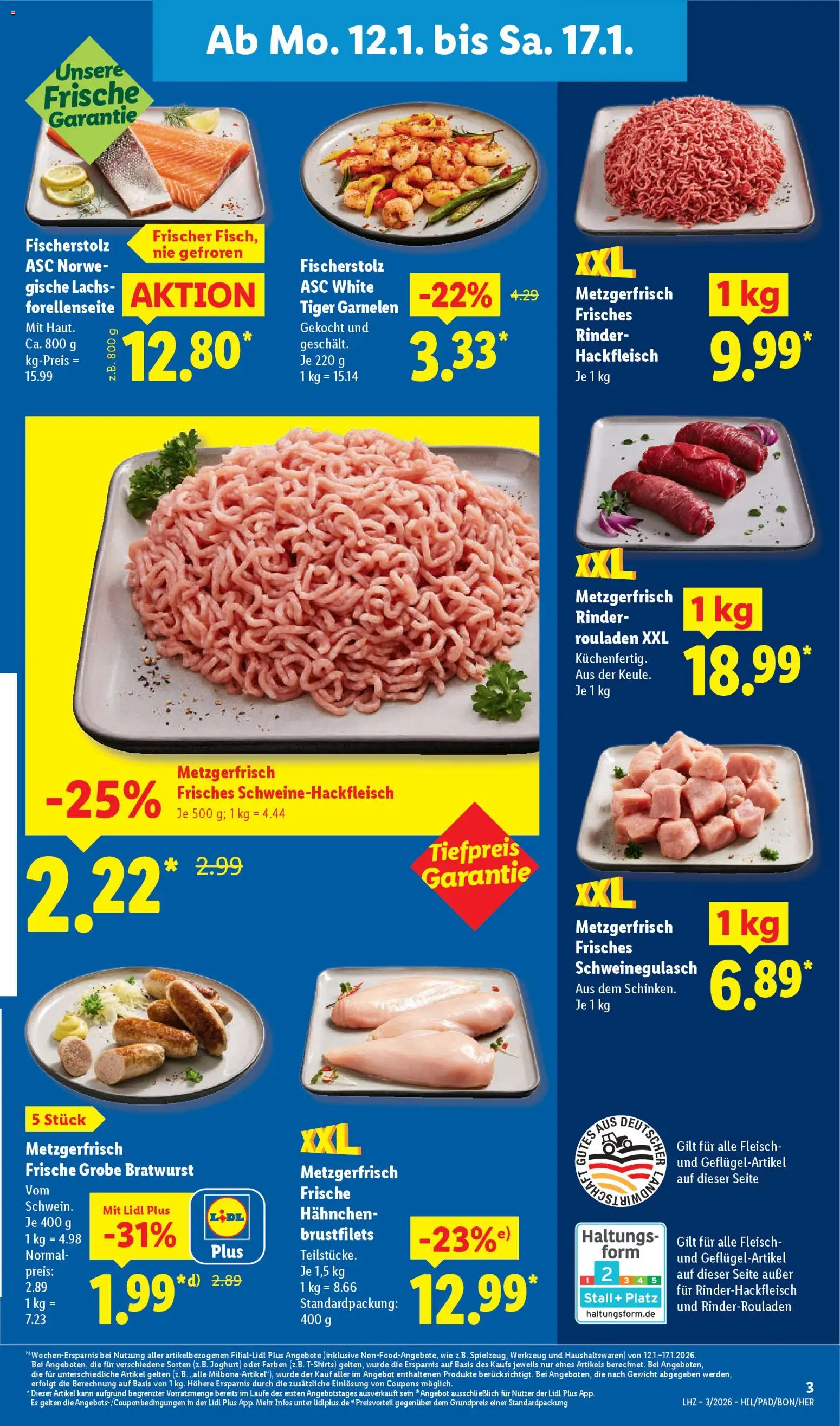Lidl Prospekt Bestwig – gültig ab 12.01.2026 | Seite: 13 | Produkte: Schweinegulasch, Bratwurst, Tiger garnelen, Fleisch