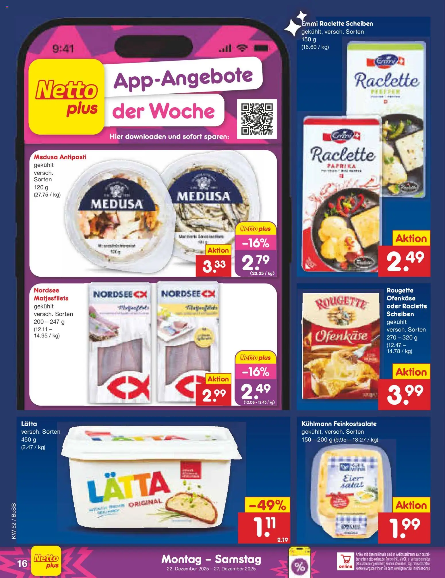Netto Marken-Discount Prospekt 	 – gültig ab 22.12.2025 | Seite: 16 | Produkte: Eier, Rougette ofenkase, Lätta, Raclette