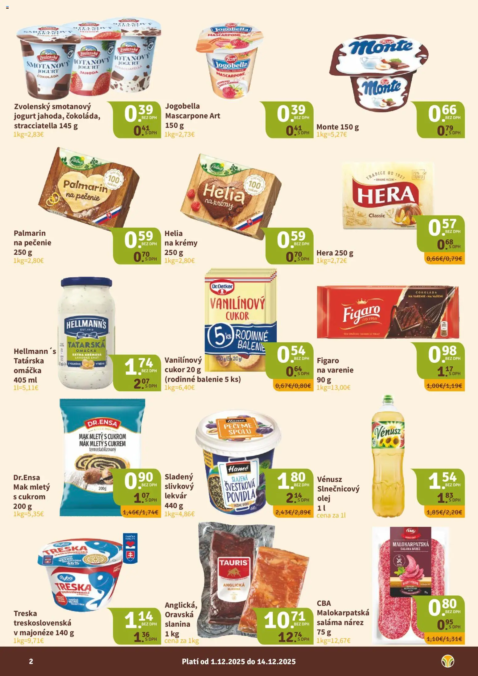 Nové Nitrazdroj akcie – leták je platný od 01.12.2025 | Strana: 2 | Produkty: Jogurt, Cukor, Mascarpone, Hera