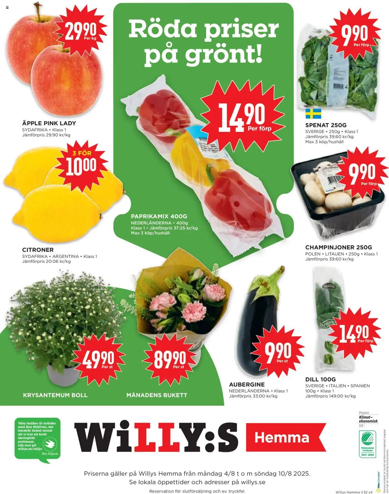 Willys reklamblad aktuell från 04.08.2025 | Sida: 4 | Produkter: Galler, Champinjoner, Äpple, Aubergine