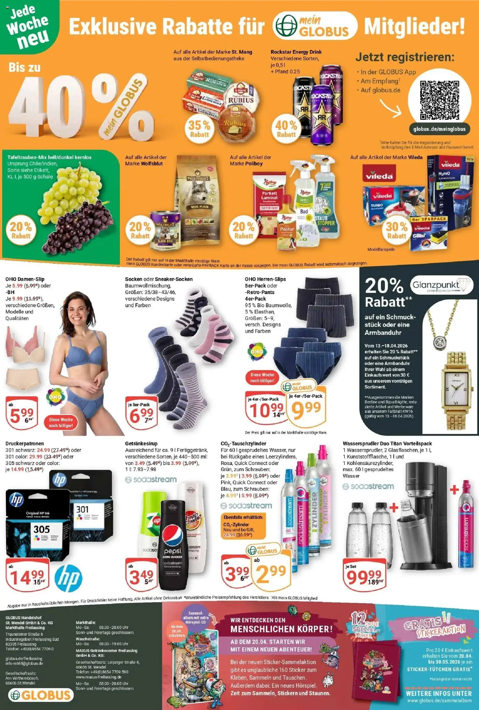 Globus Prospekt Freilassing	 – gültig ab 12.04.2026 | Seite: 20 | Produkte: Wasser, Zucker, Socken, Pepsi