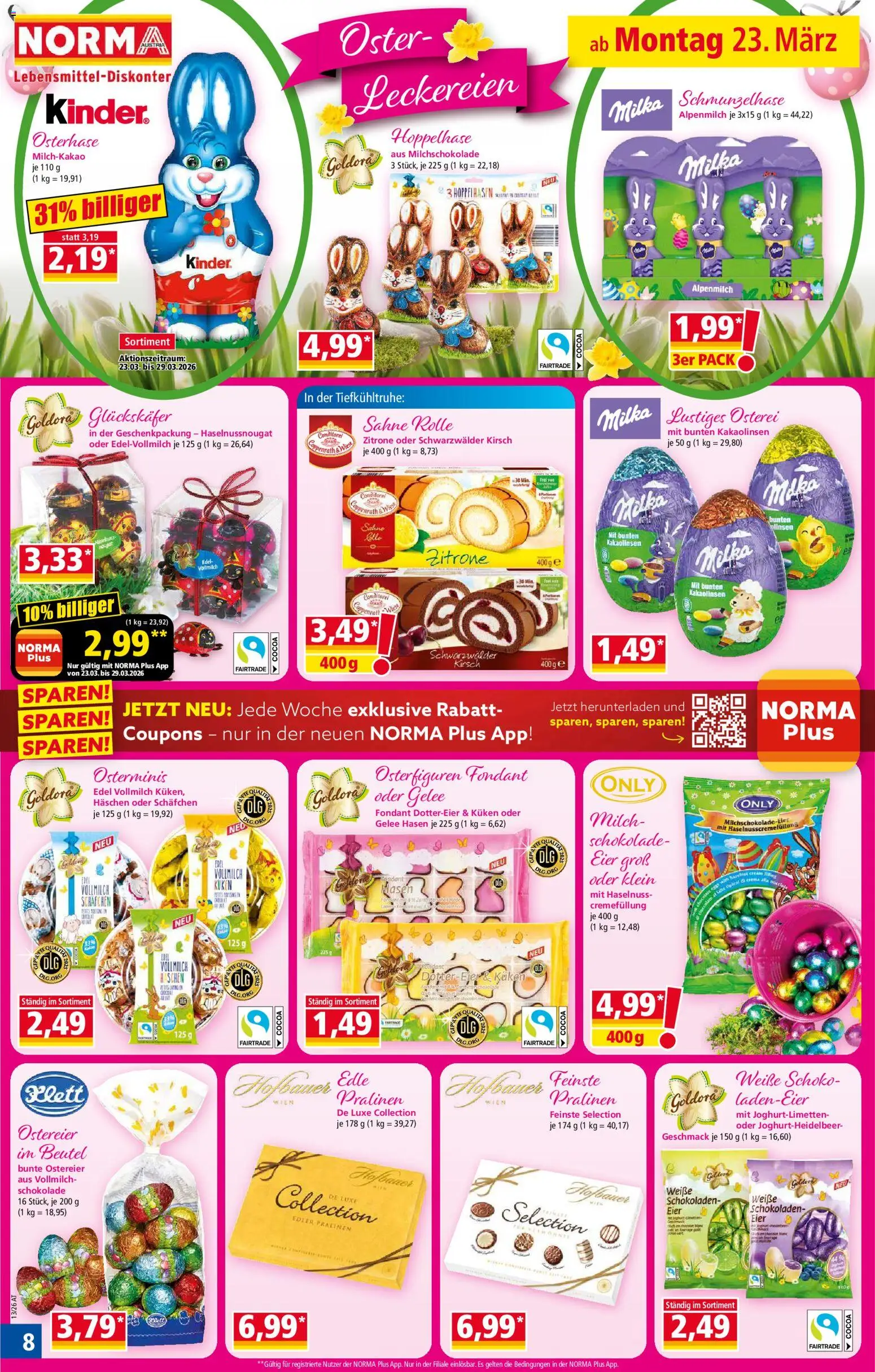 Norma Flugblatt gültig ab 23.03.2026 | Seite: 8 | Produkte: Sahne, Milch, Eier, Schokolade