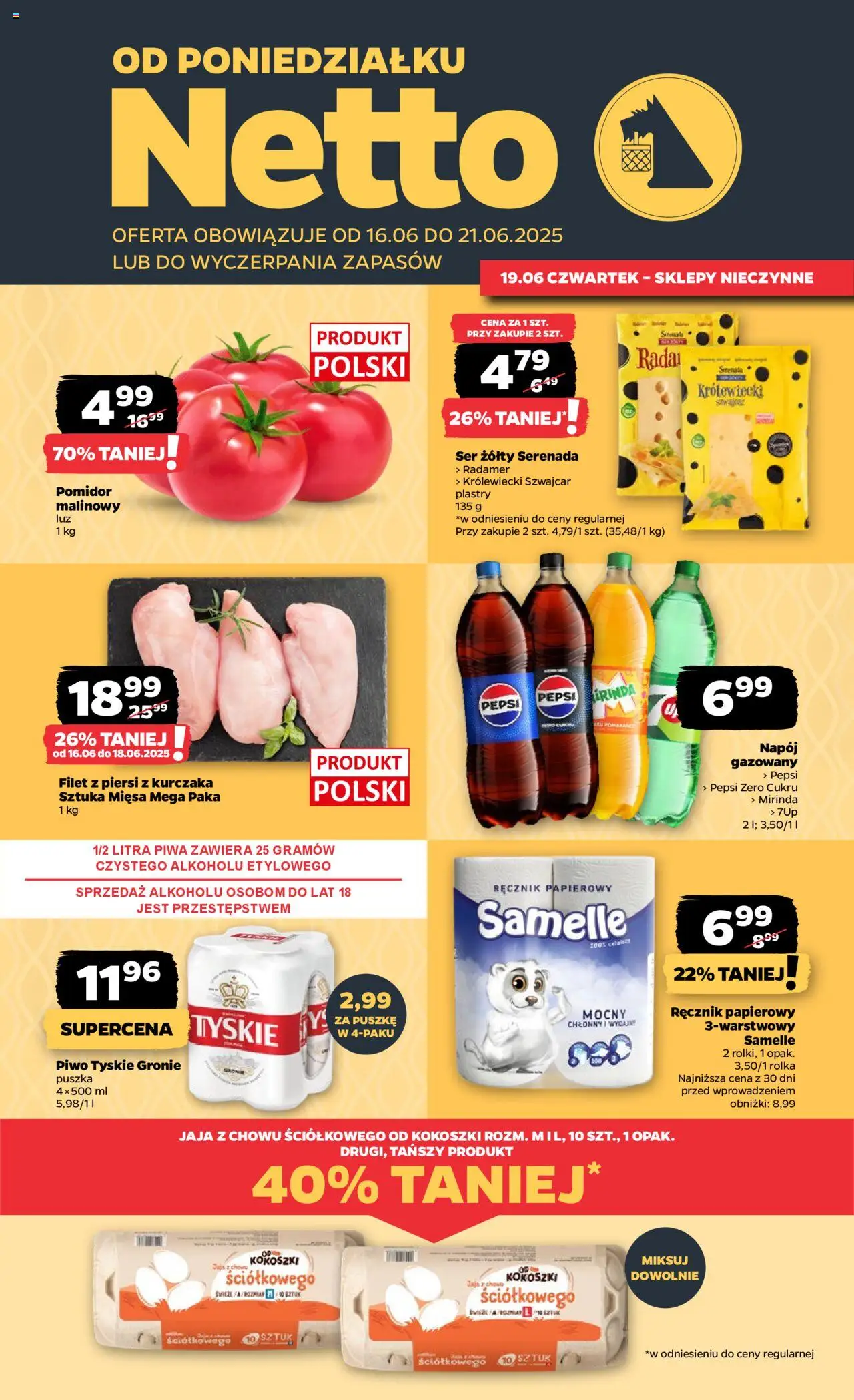 Netto gazetka - Spożywcza od 16.06.2025 | Strona: 1 | Produkty: Piersi, Tyskie, Ser, Piwo