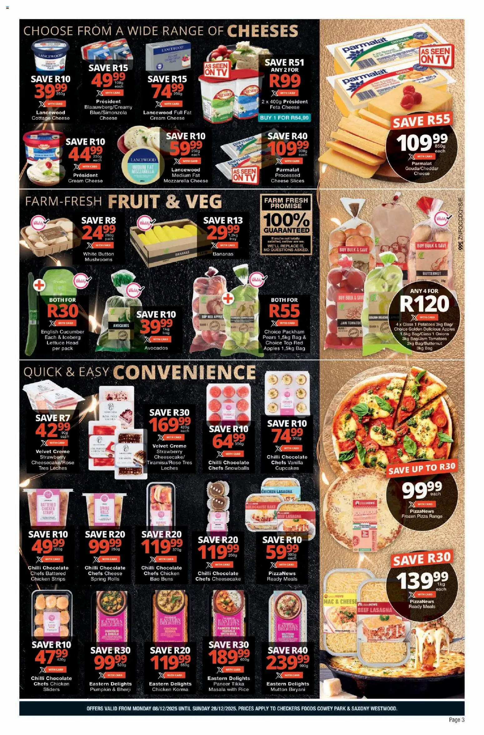 New Checkers catalogue – valid from 08.12.2025 | Page: 3 | Products: Cheese, Chocolate, Pizza, Cream