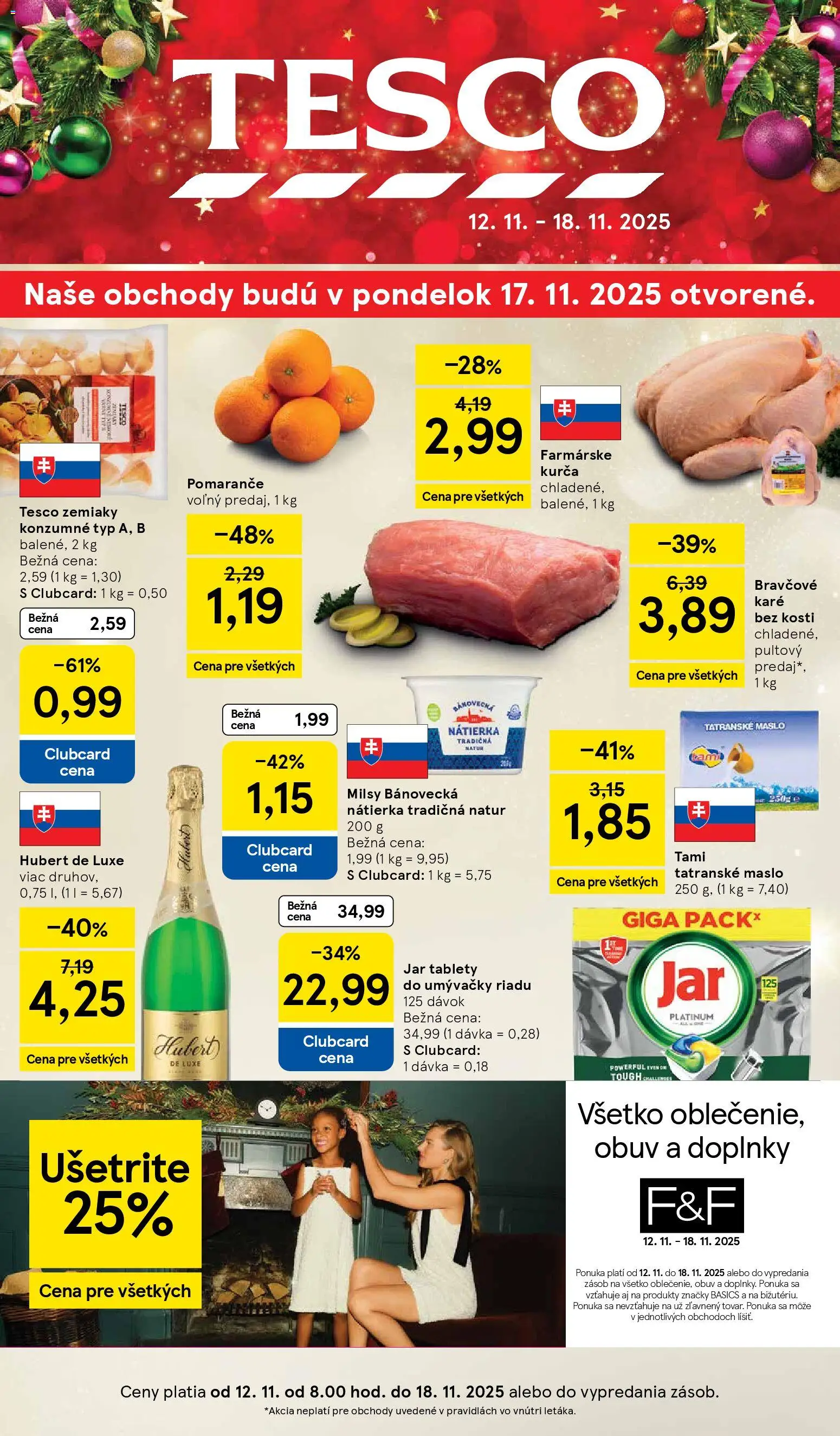 Nové Tesco akcie – leták je platný od 12.11.2025 | Strana: 1 | Produkty: Maslo, Tatranské maslo, Kurča, Jar