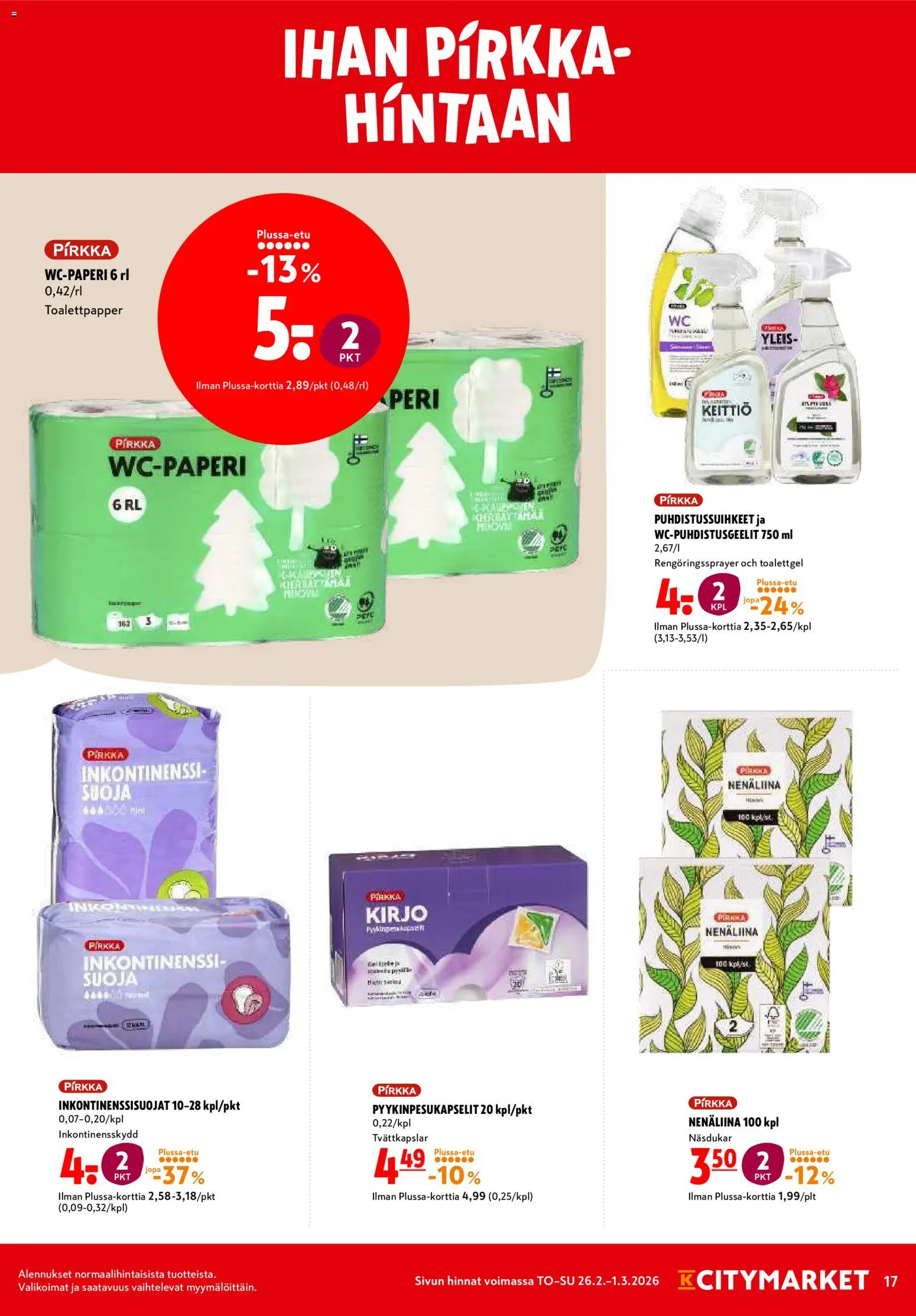 K-Citymarket tarjoukset – voimassa 26.02.2026 alkaen | Sivu: 17 | Tuotteet: Nenäliina, Keittiö