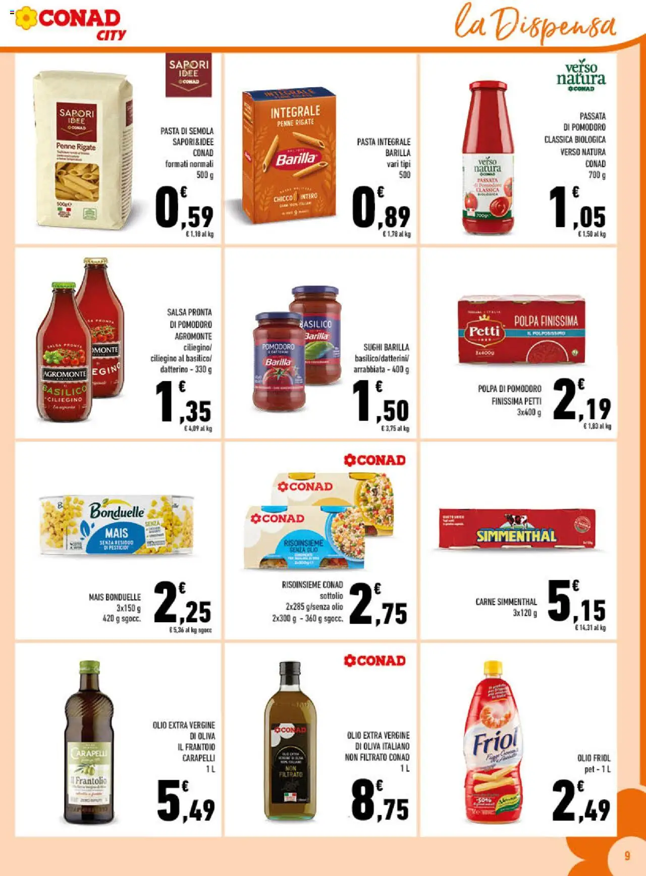 Volantino Conad del 27.08.2025 | Pagina: 9 | Prodotti: Pomodoro, Olio, Pasta, Mais