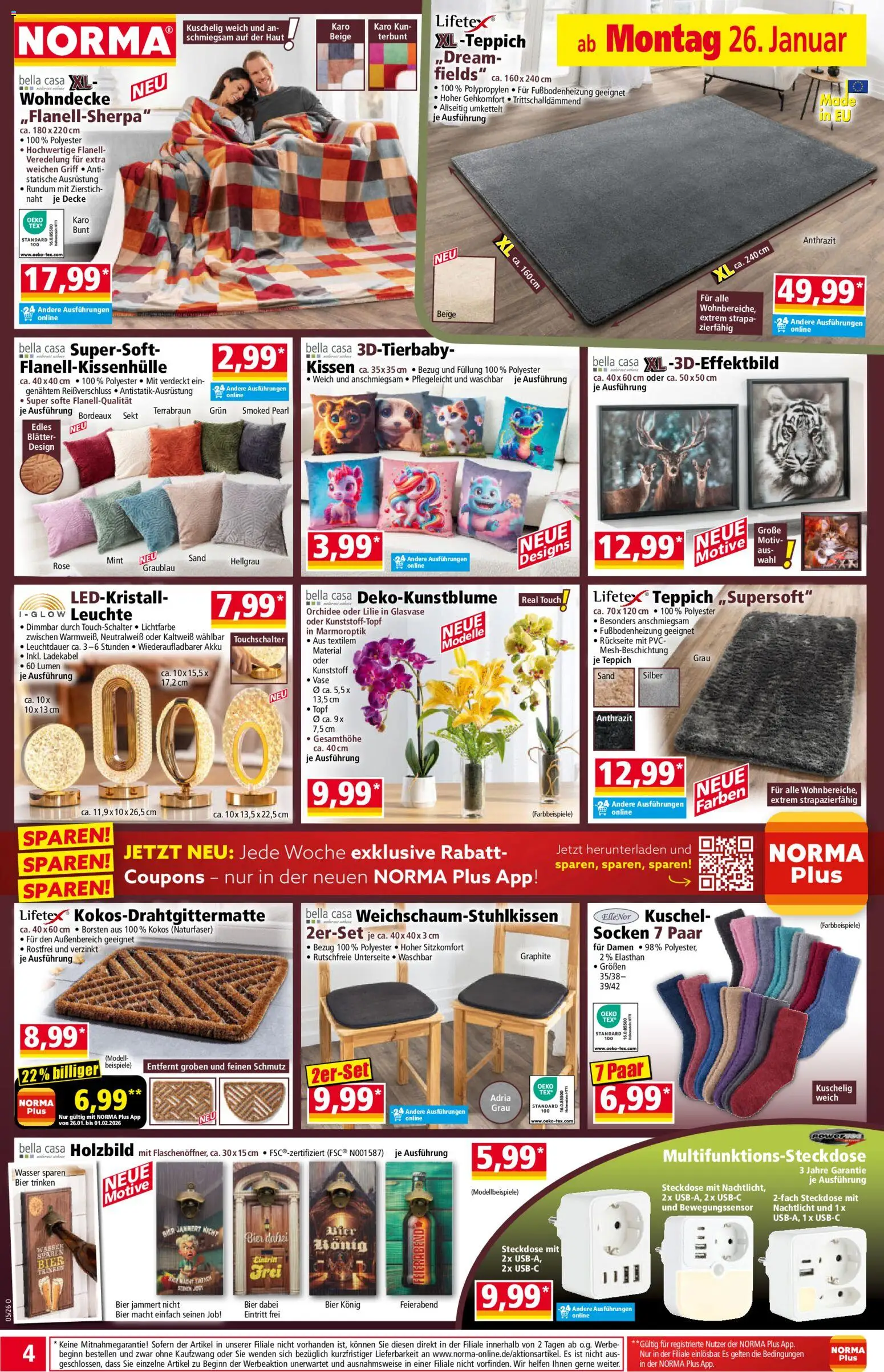 Norma Prospekt 	 – gültig ab 26.01.2026 | Seite: 4 | Produkte: Decke, Steckdose, Vase, Ladekabel