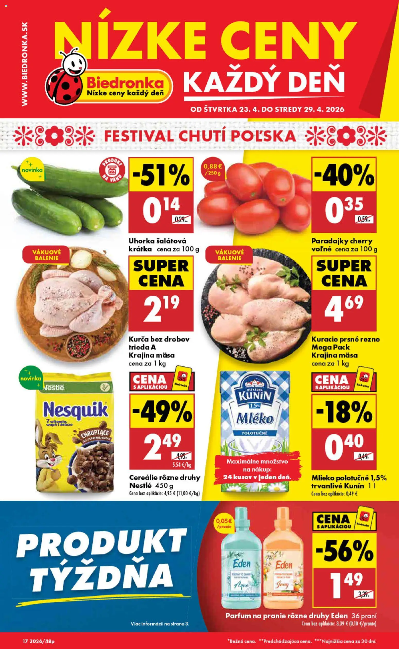 Nové Biedronka akcie – leták je platný od 23.04.2026 | Strana: 1 | Produkty: Mlieko, Cereálie, Kurča, Nesquik