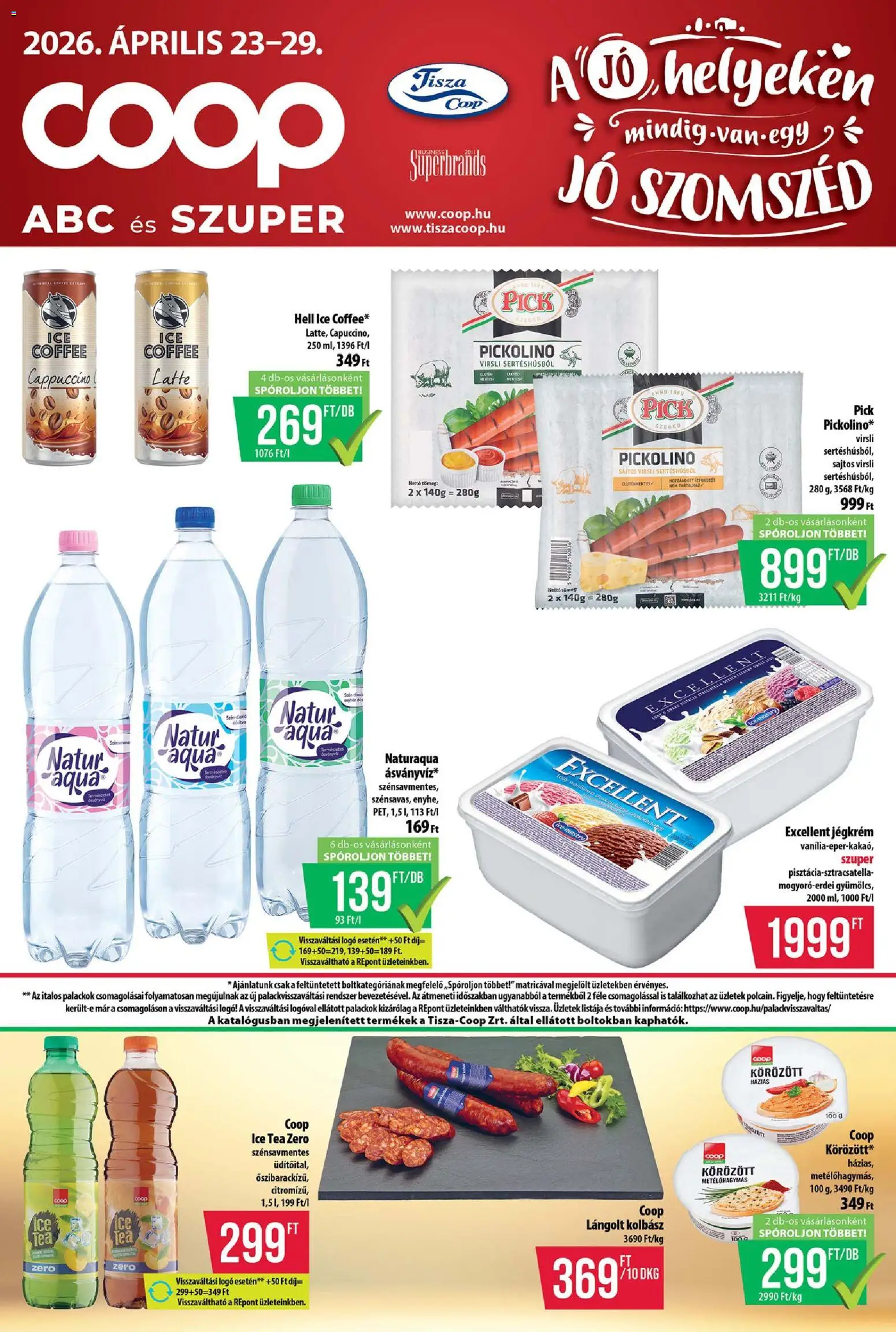 COOP akciós ujság - amely érvényes a következő dátumtól: 23.04.2026 | Oldal: 1 | Termékek: Kolbász, Cappuccino, Tea, Jégkrém