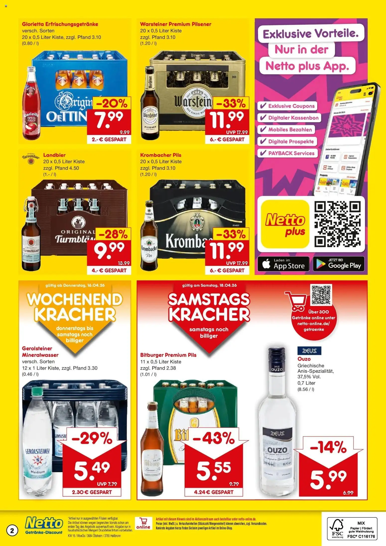 Netto Marken-Discount Prospekt Heilbronn	 – gültig ab 13.04.2026 | Seite: 2 | Produkte: Bitburger, Ouzo 12, Mineralwasser, Warsteiner