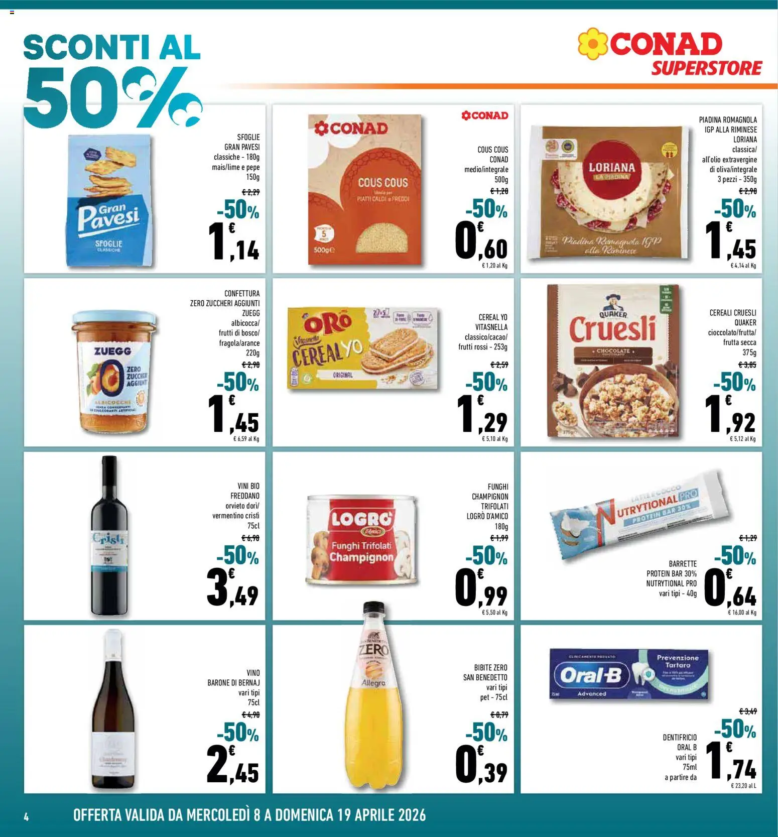 Volantino Conad del 08.04.2026 | Pagina: 4 | Prodotti: Dentifricio, Cereali, Vino, Cous cous