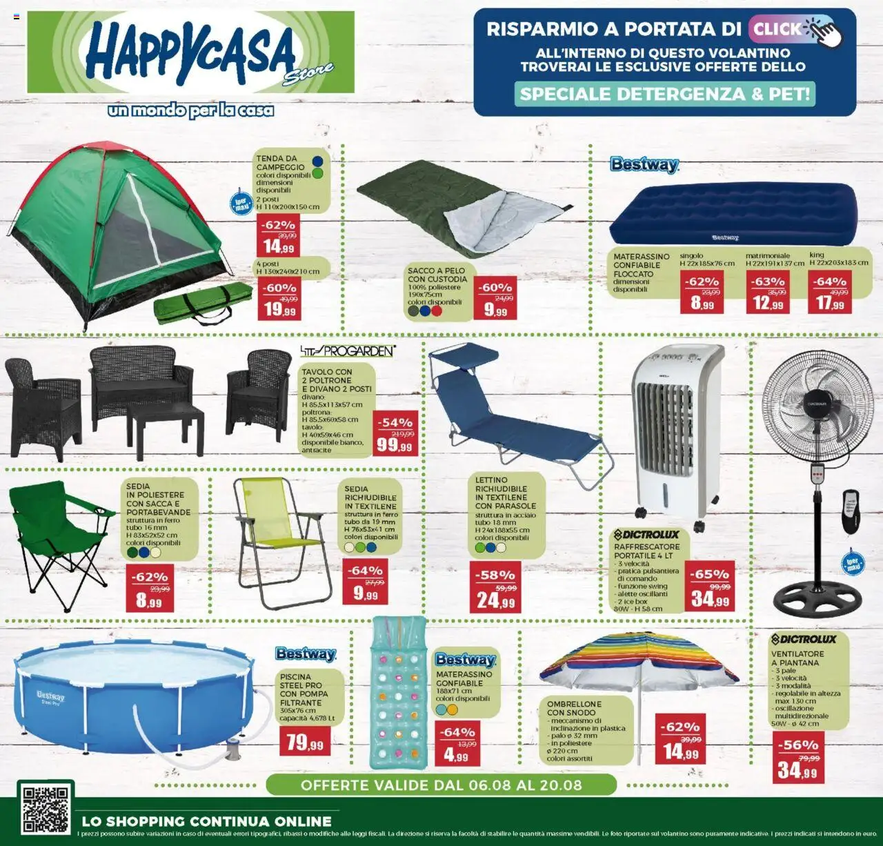 Volantino Happy Casa del 06.08.2025 | Pagina: 1 | Prodotti: Ventilatore, Ombrellone, Piscina, Lettino