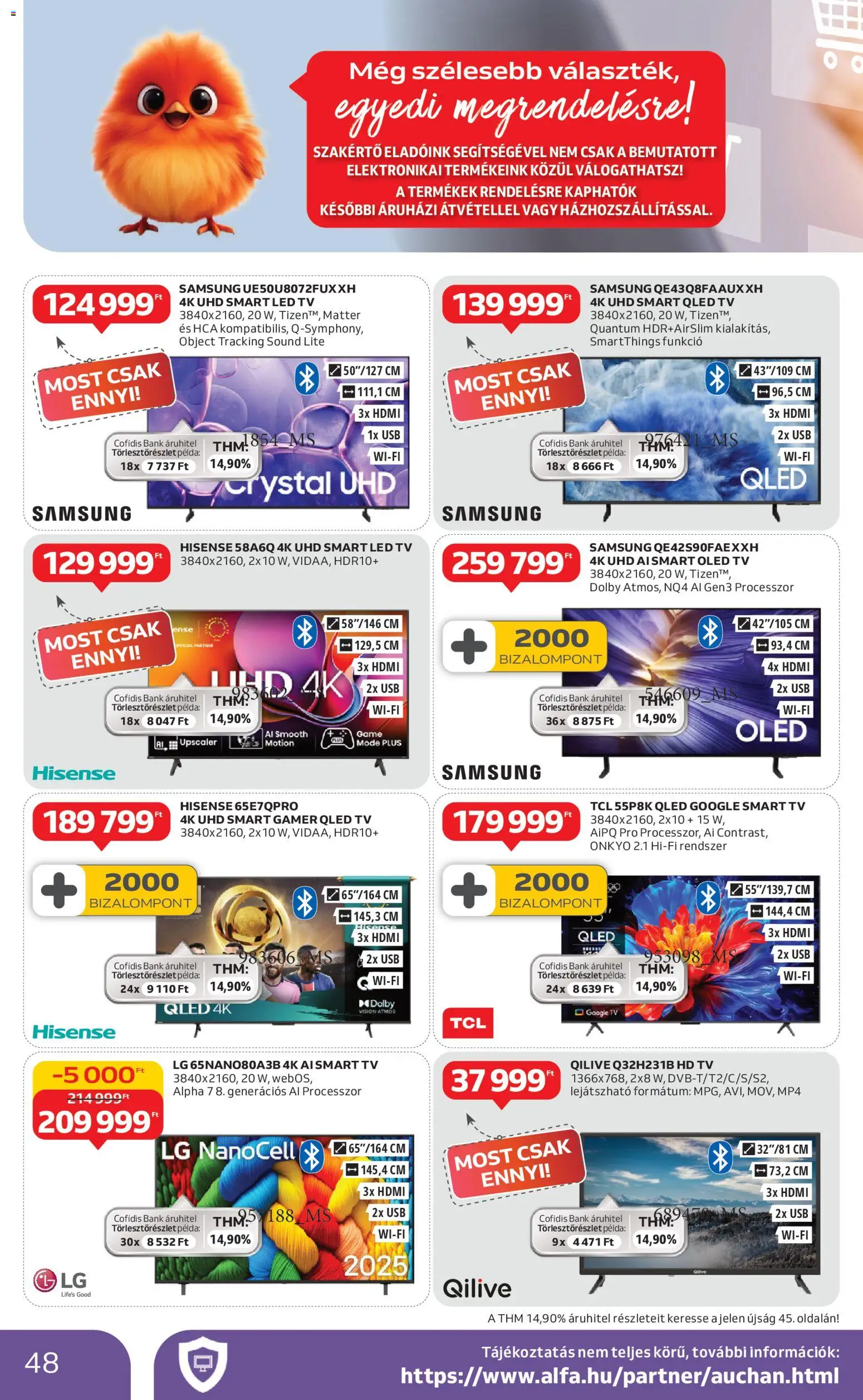 Auchan akciós ujság - amely érvényes a következő dátumtól: 08.01.2026 | Oldal: 48 | Termékek: MP4, TV, Smart tv, Samsung