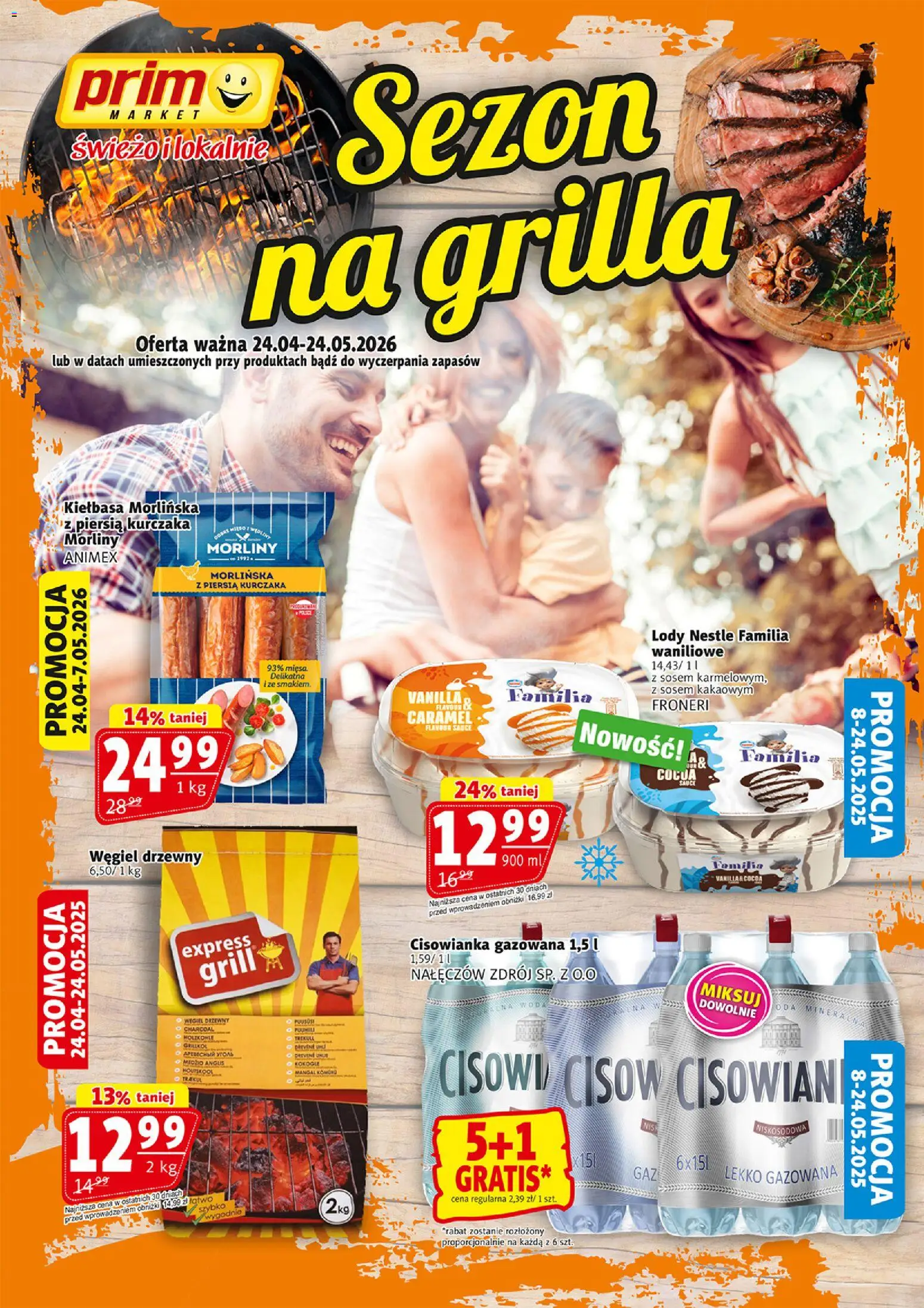 Prim Market promocja - Sezon na grilla od 04.05.2026 | Strona: 1 | Produkty: Kiełbasa, Grill, Lody
