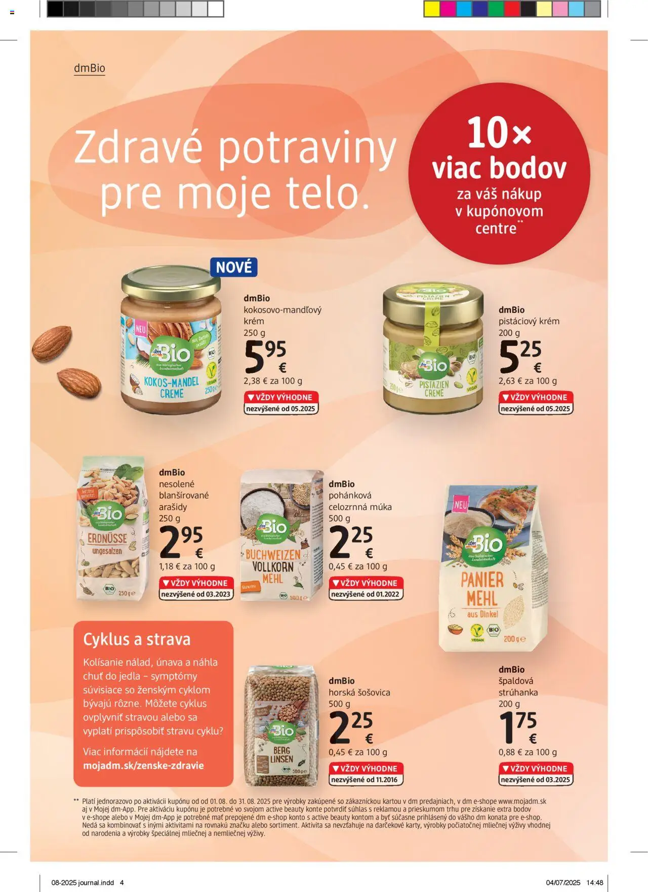 dm drogerie Journal august 2025 │ platný od 01.08.2025 | Strana: 4 | Produkty: Šošovica, Krém, Múka, Arašidy