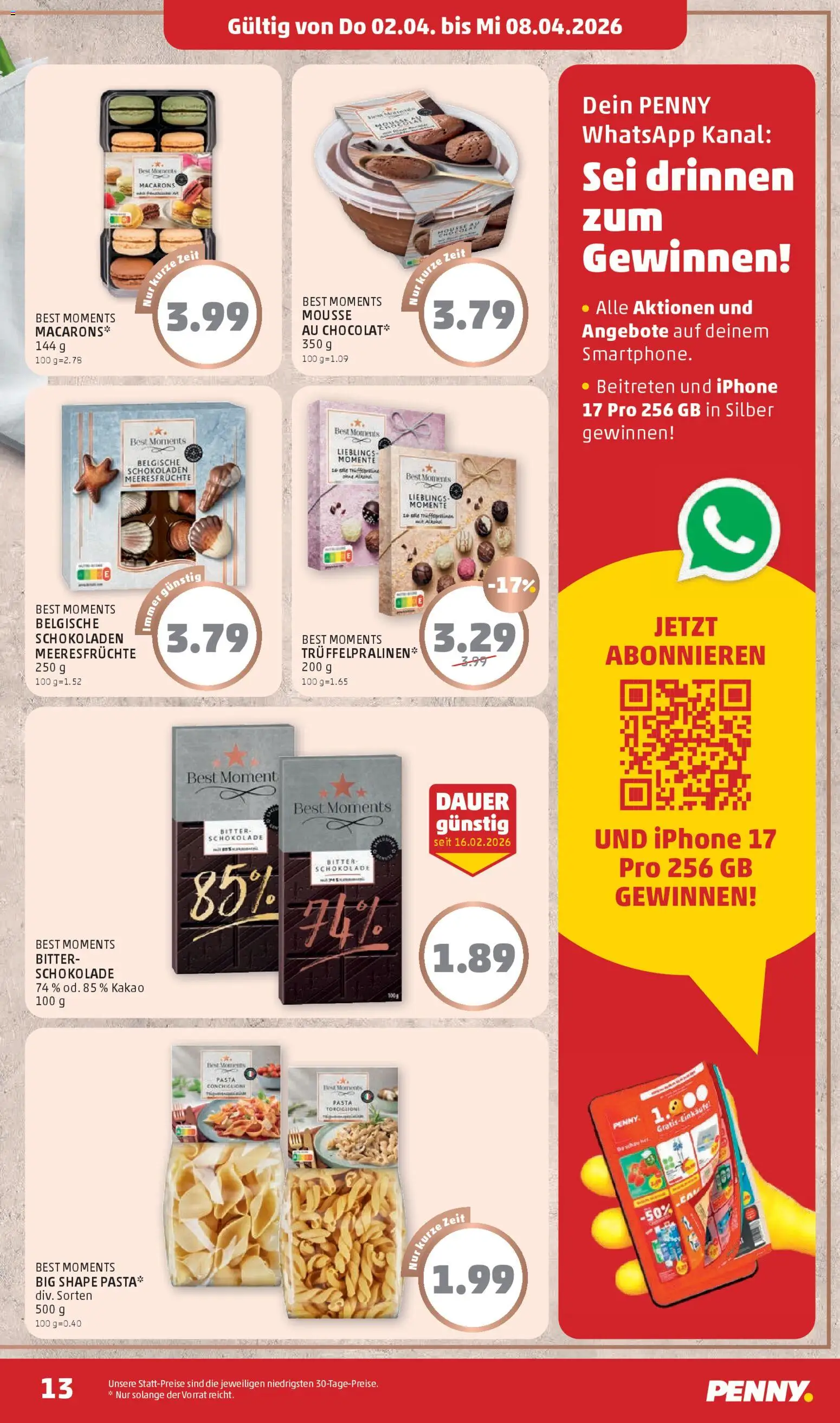 Penny Markt Flugblatt gültig ab 02.04.2026 | Seite: 13 | Produkte: Pasta, Meeresfrüchte, Iphone, Schokolade
