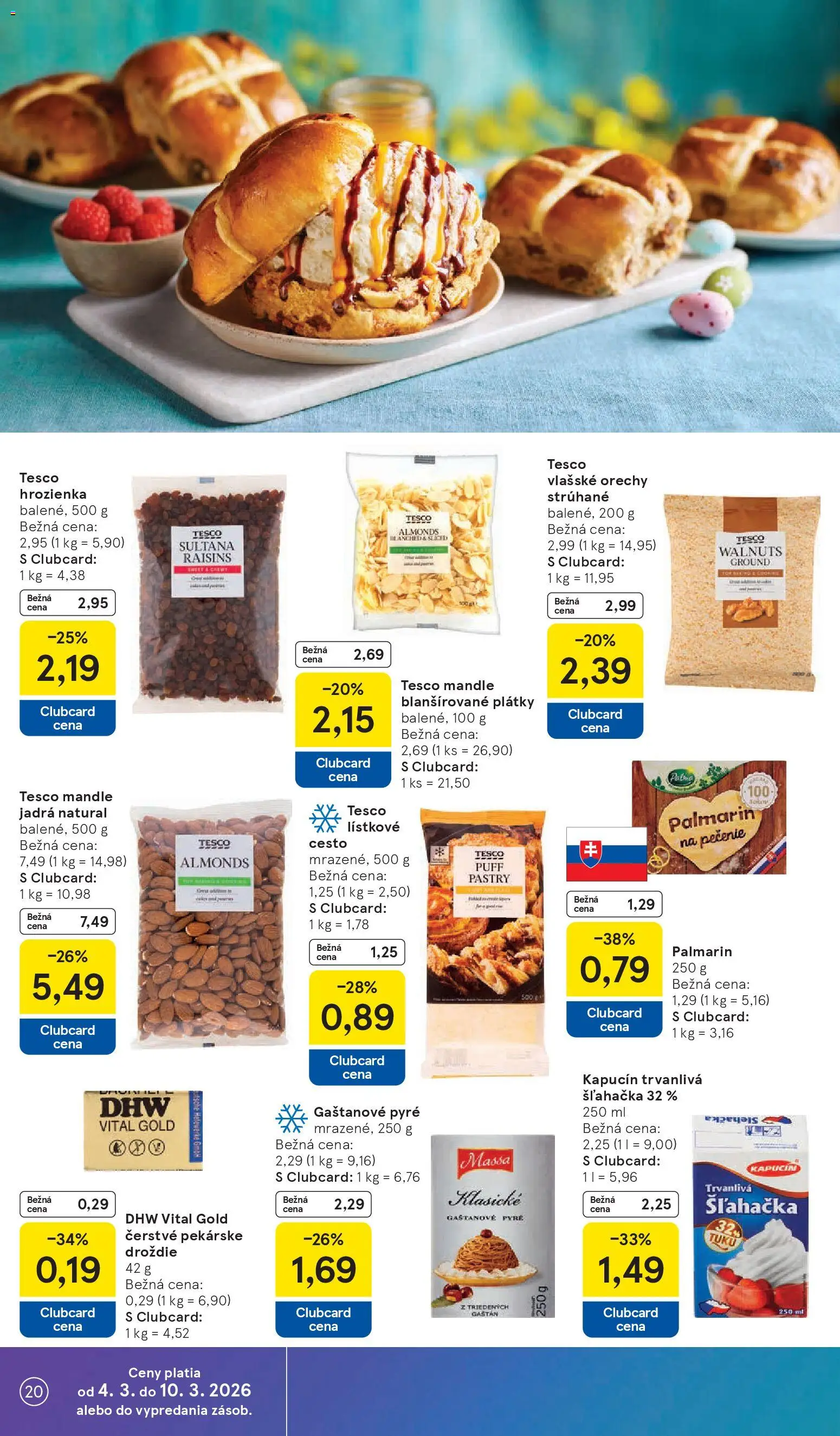 Nové Tesco akcie – leták je platný od 04.03.2026 | Strana: 20 | Produkty: Palmarin, Lístkové cesto, Hrozienka, Mandle