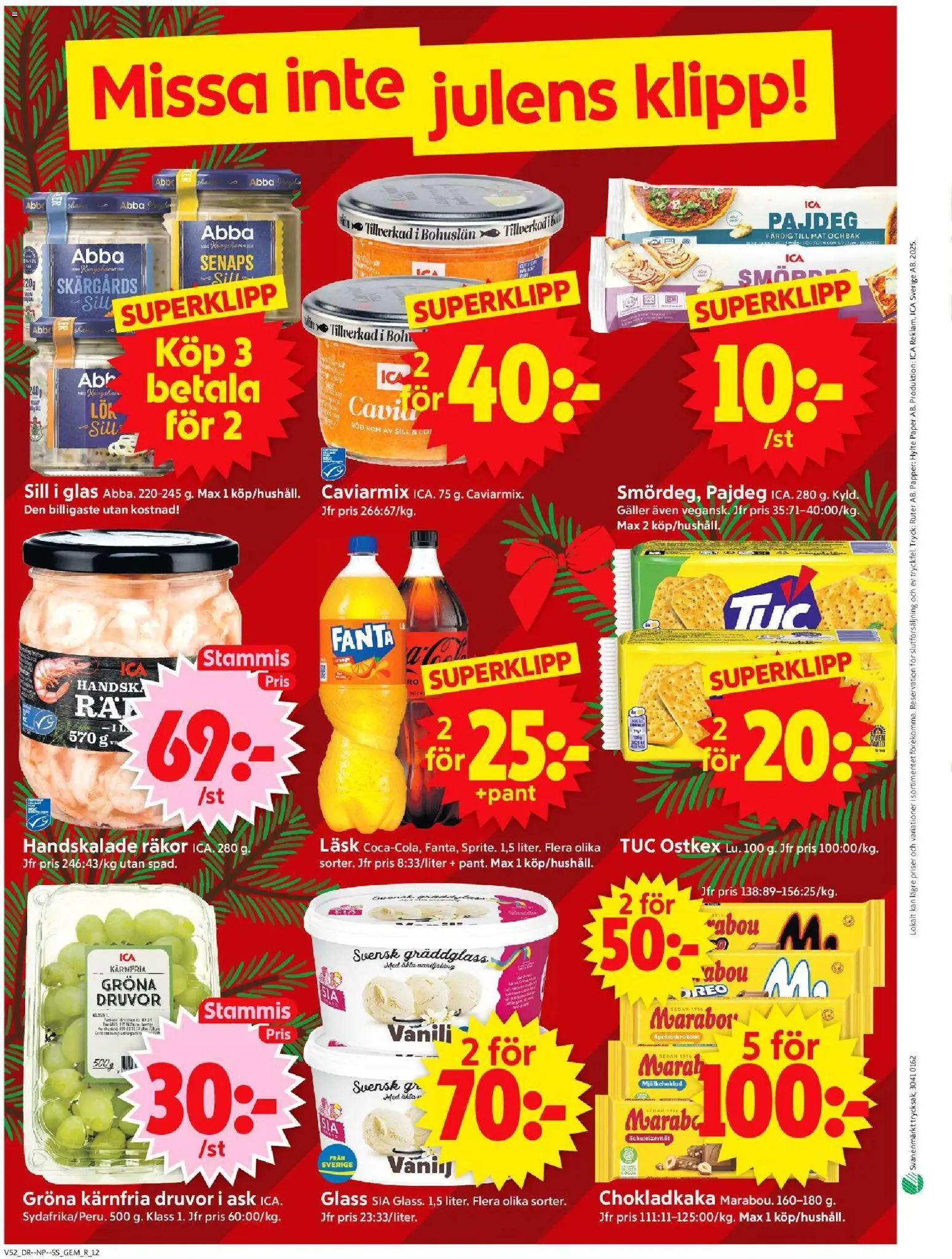 ICA Supermarket reklamblad aktuell från 22.12.2025 | Sida: 14 | Produkter: Sill, Räkor, Fanta, Papper