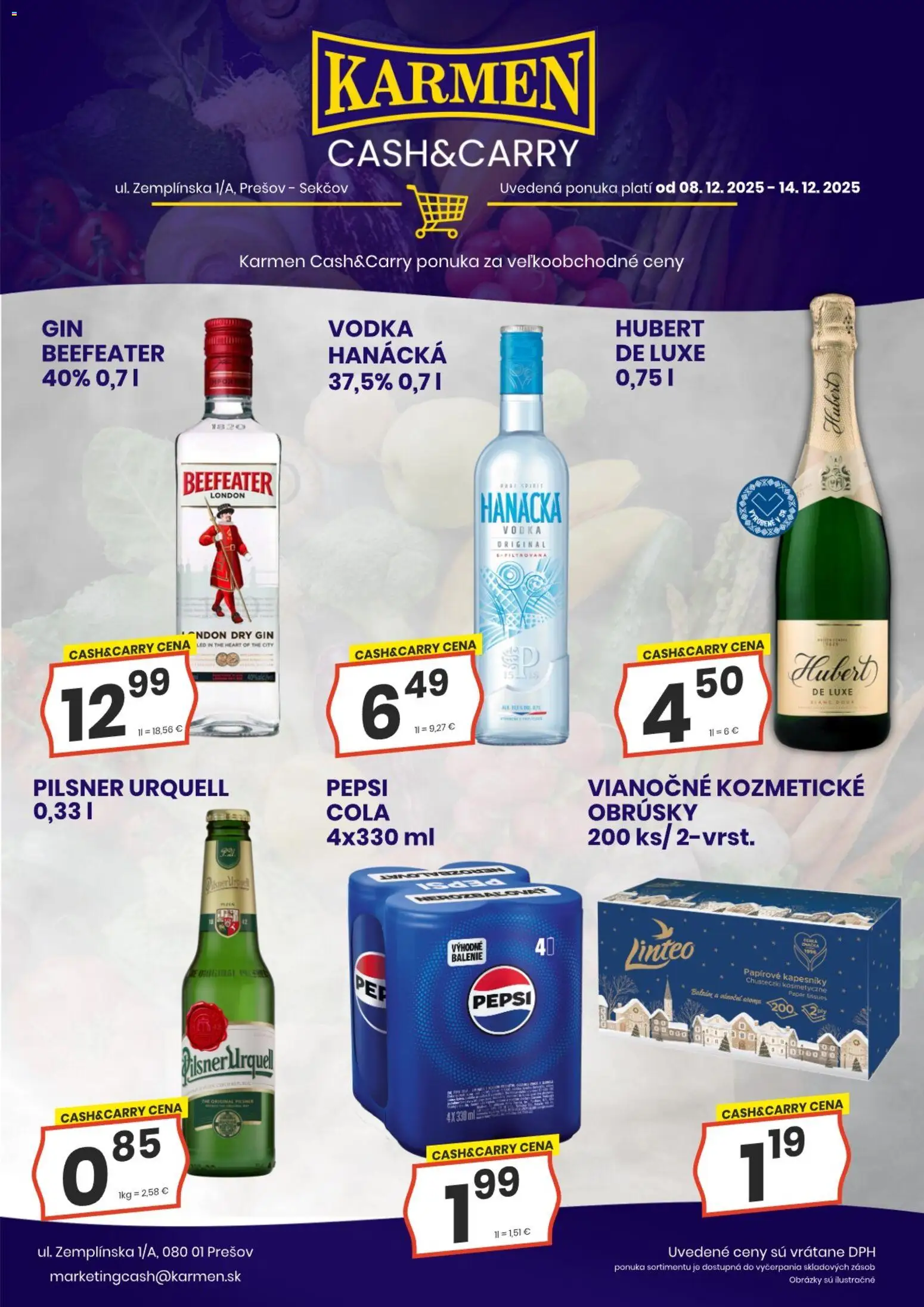 Nové KARMEN CBA akcie – leták je platný od 08.12.2025 | Strana: 1 | Produkty: Beefeater, Gin, Pepsi, Cola