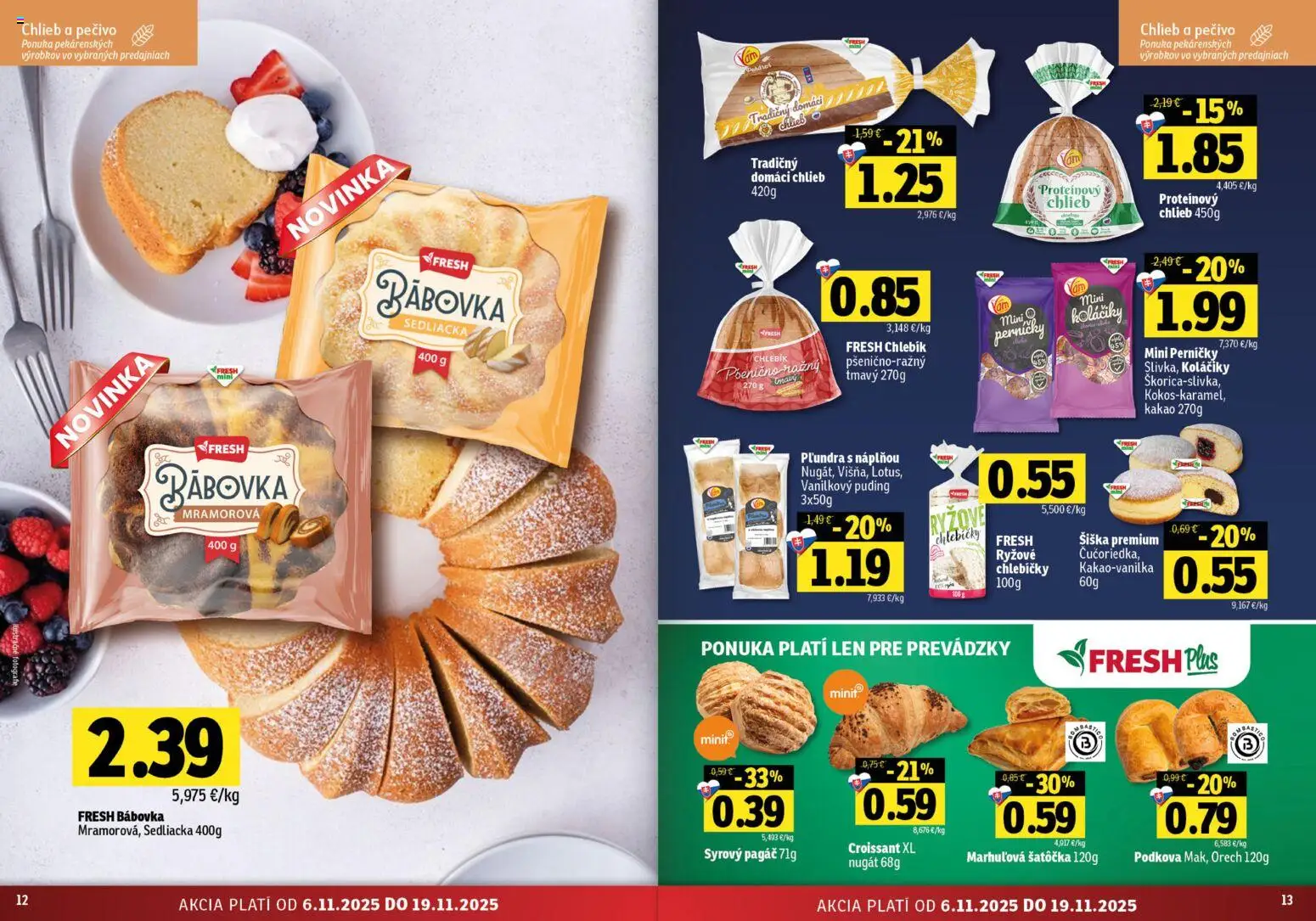 Nové Fresh akcie – leták je platný od 06.11.2025 | Strana: 7 | Produkty: Chlieb, Croissant, Puding, Kakao