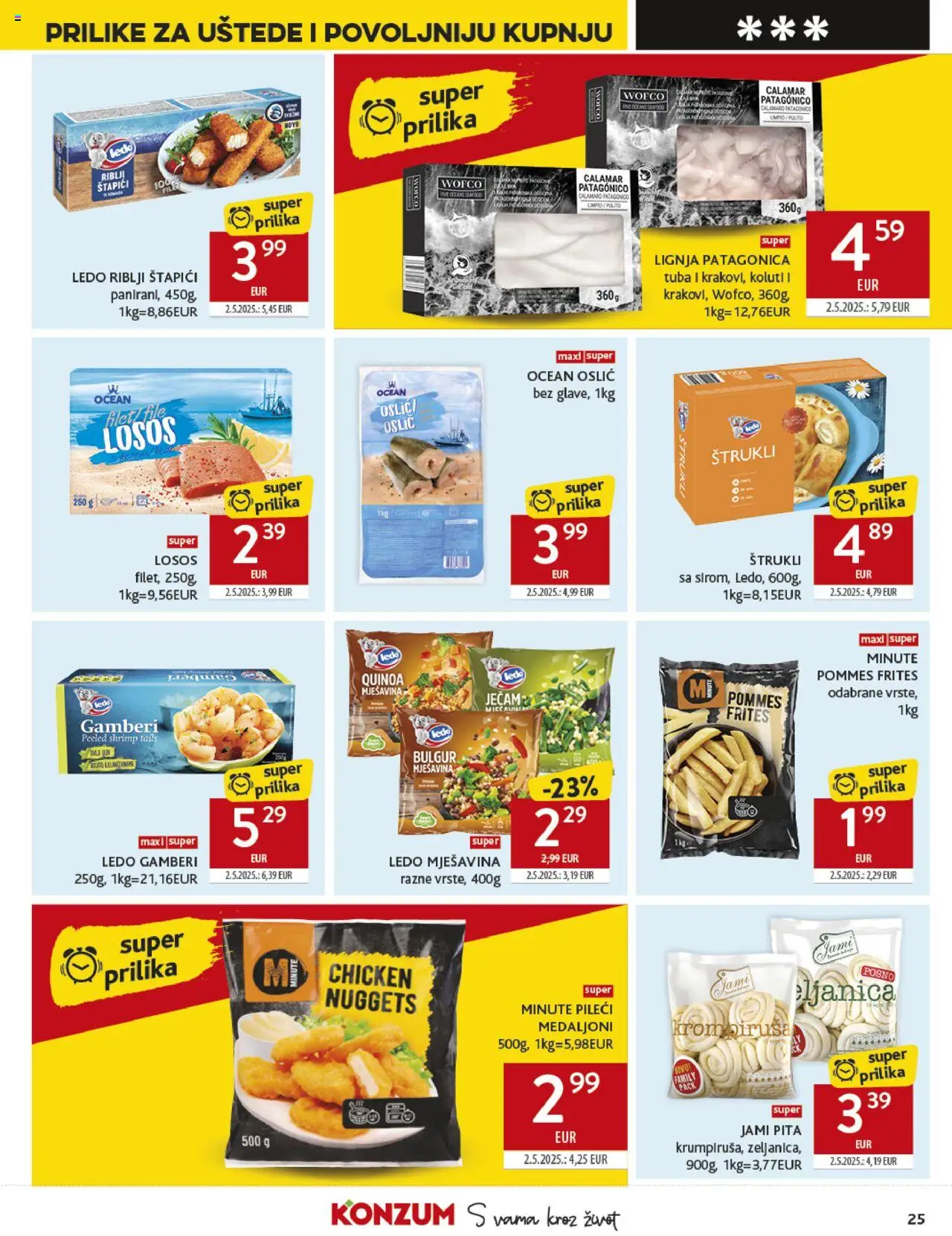 Konzum katalog | vrijedi od 01.10.2025 | Stranica: 25 | Proizvodi: Gamberi, Pileći medaljoni, Pita, Lignja Patagonica