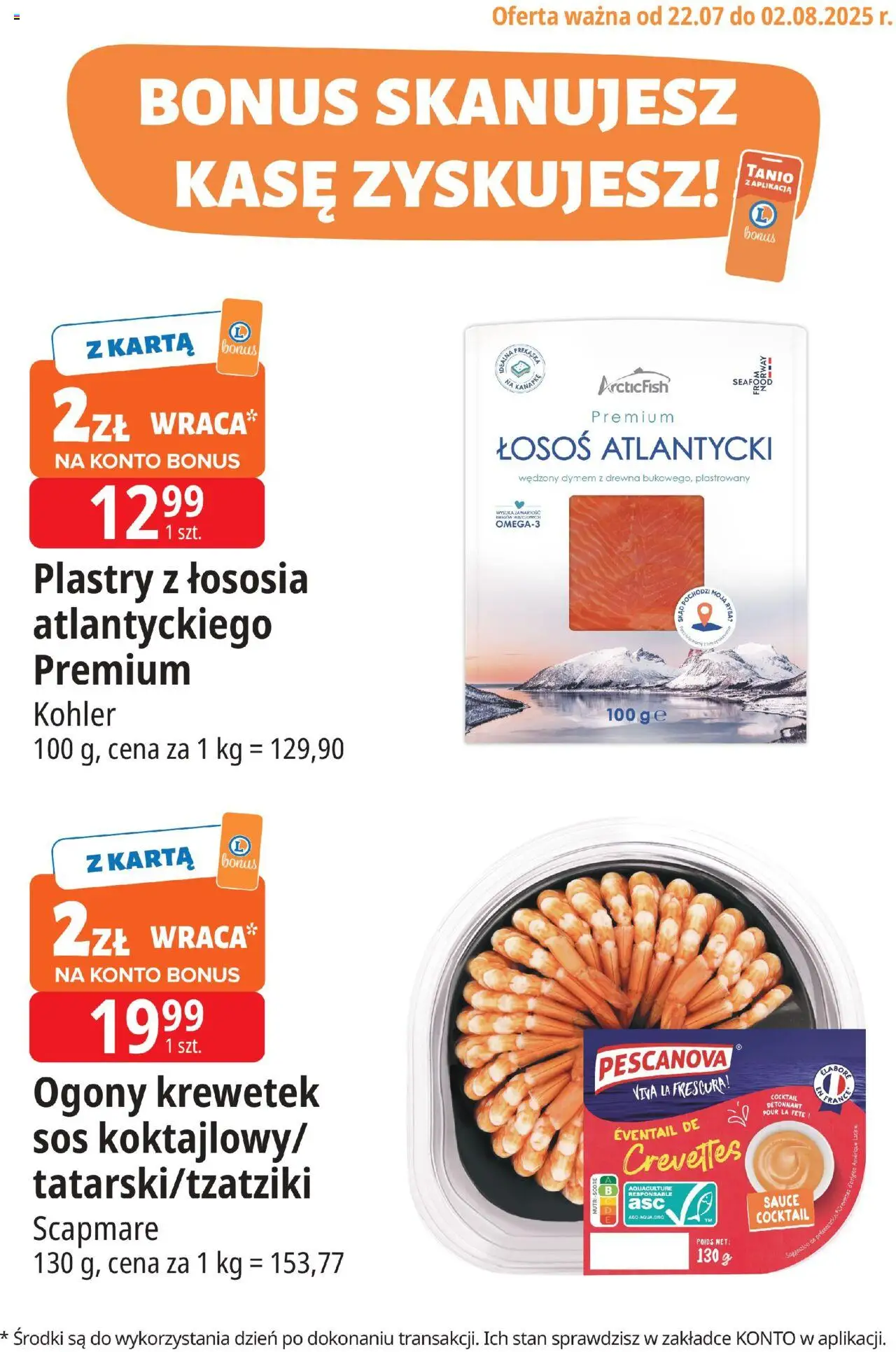 E.Leclerc Gazetka - Warszawa Ursynów kupony dodatkowe od 22.07.2025 | Strona: 1 | Produkty: Karta, Łosoś atlantycki, Łosoś, Sos