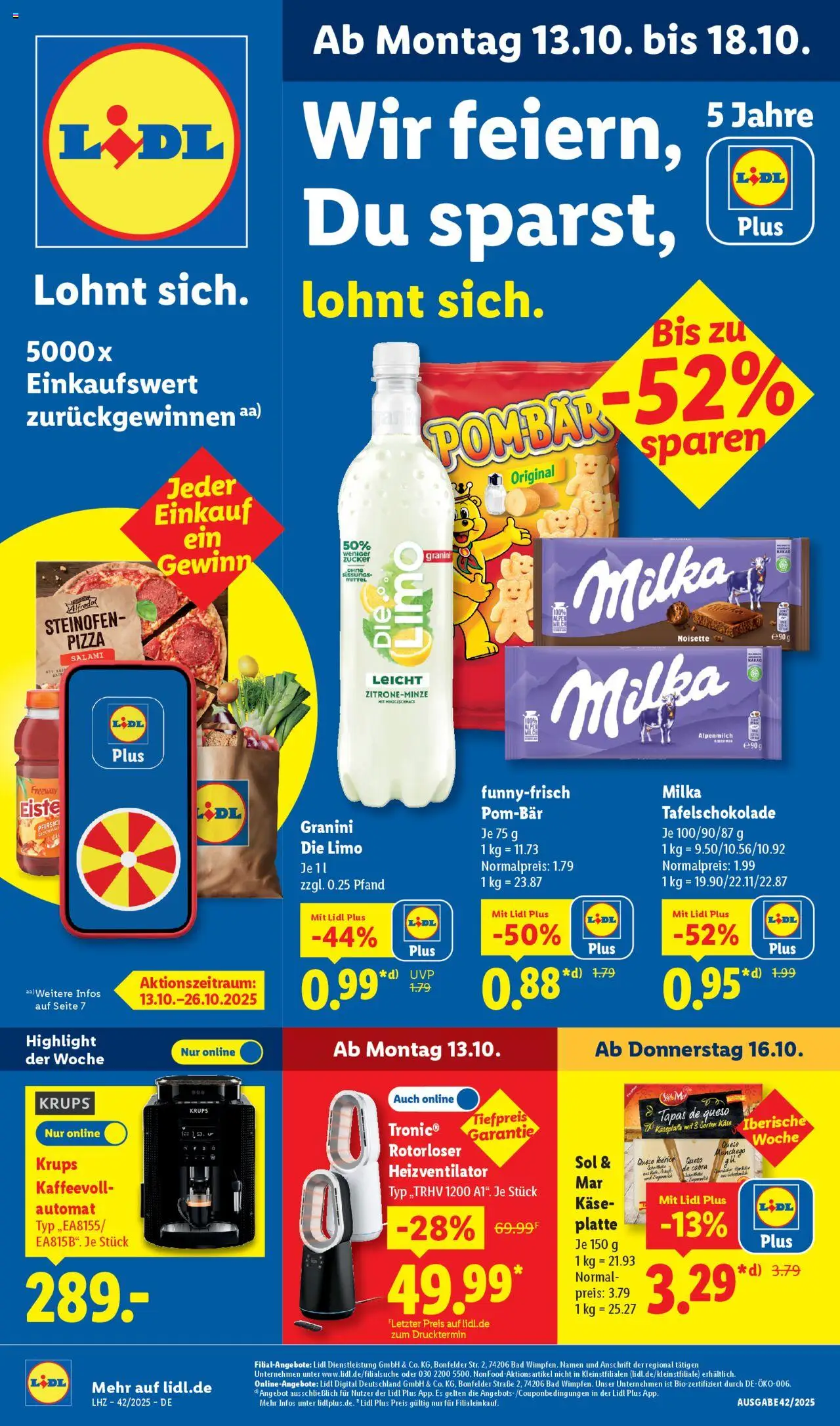 Lidl Prospekt Kornwestheim – gültig ab 13.10.2025 | Seite: 1 | Produkte: Käse, Milka, Zucker, Pizza