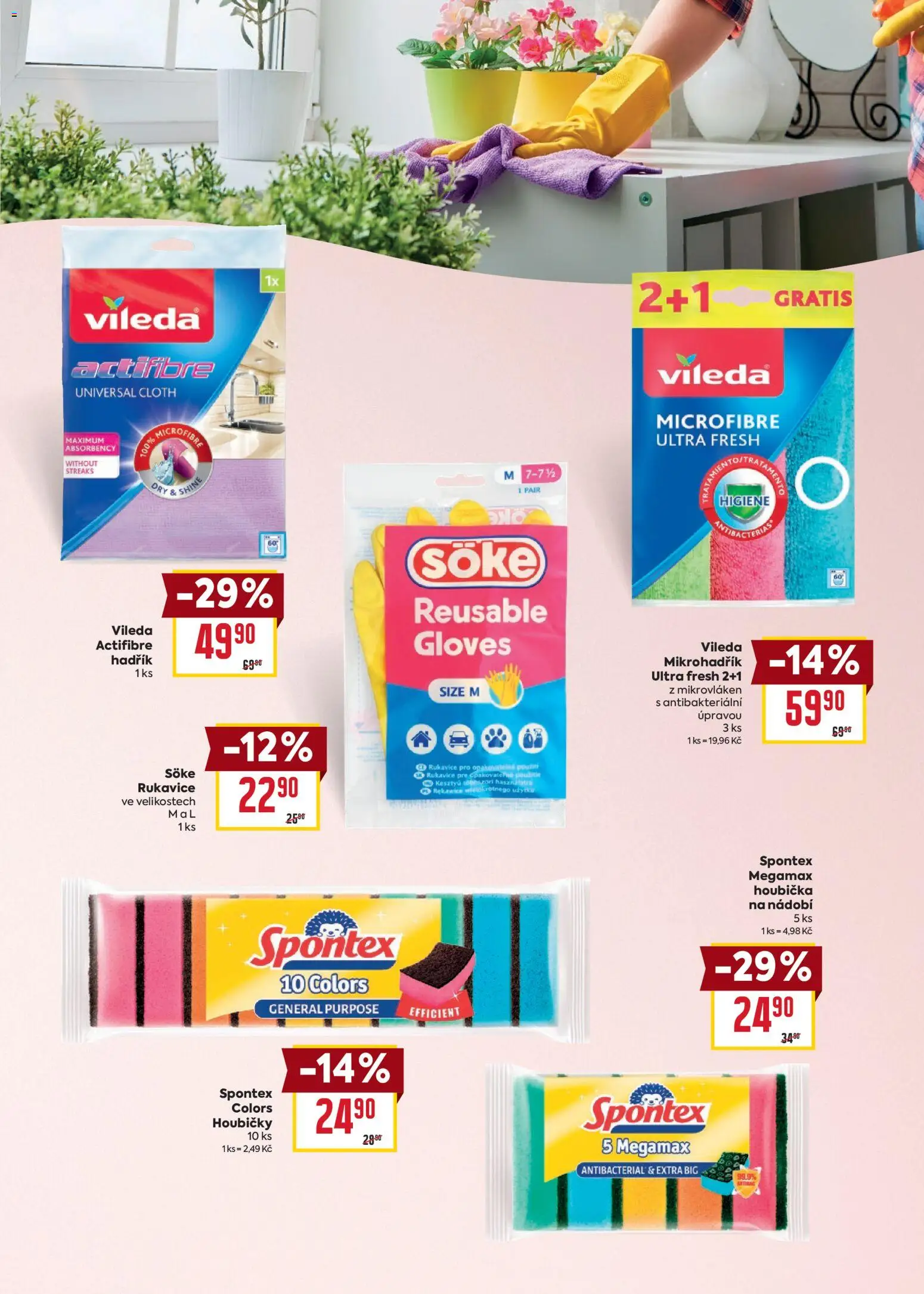 Billa leták - Vše pro úklid od 07.01.2026 | Strana: 5 | Produkty: Houbička, Nádobí, Rukavice, Vileda Actifibre