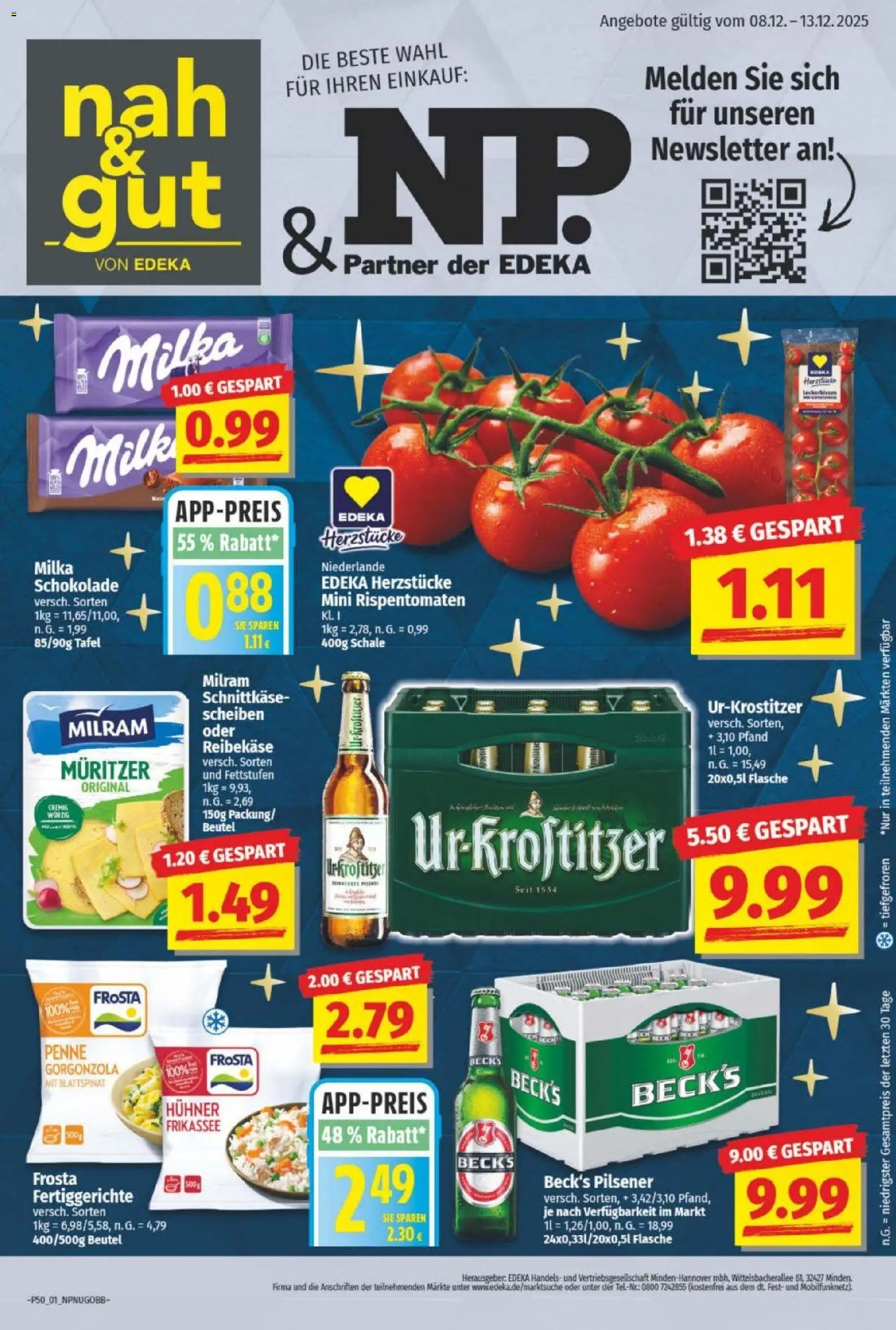 NP Discount Prospekt – gültig ab 08.12.2025 | Seite: 1 | Produkte: Schokolade, Frosta, Milram, Fertiggerichte