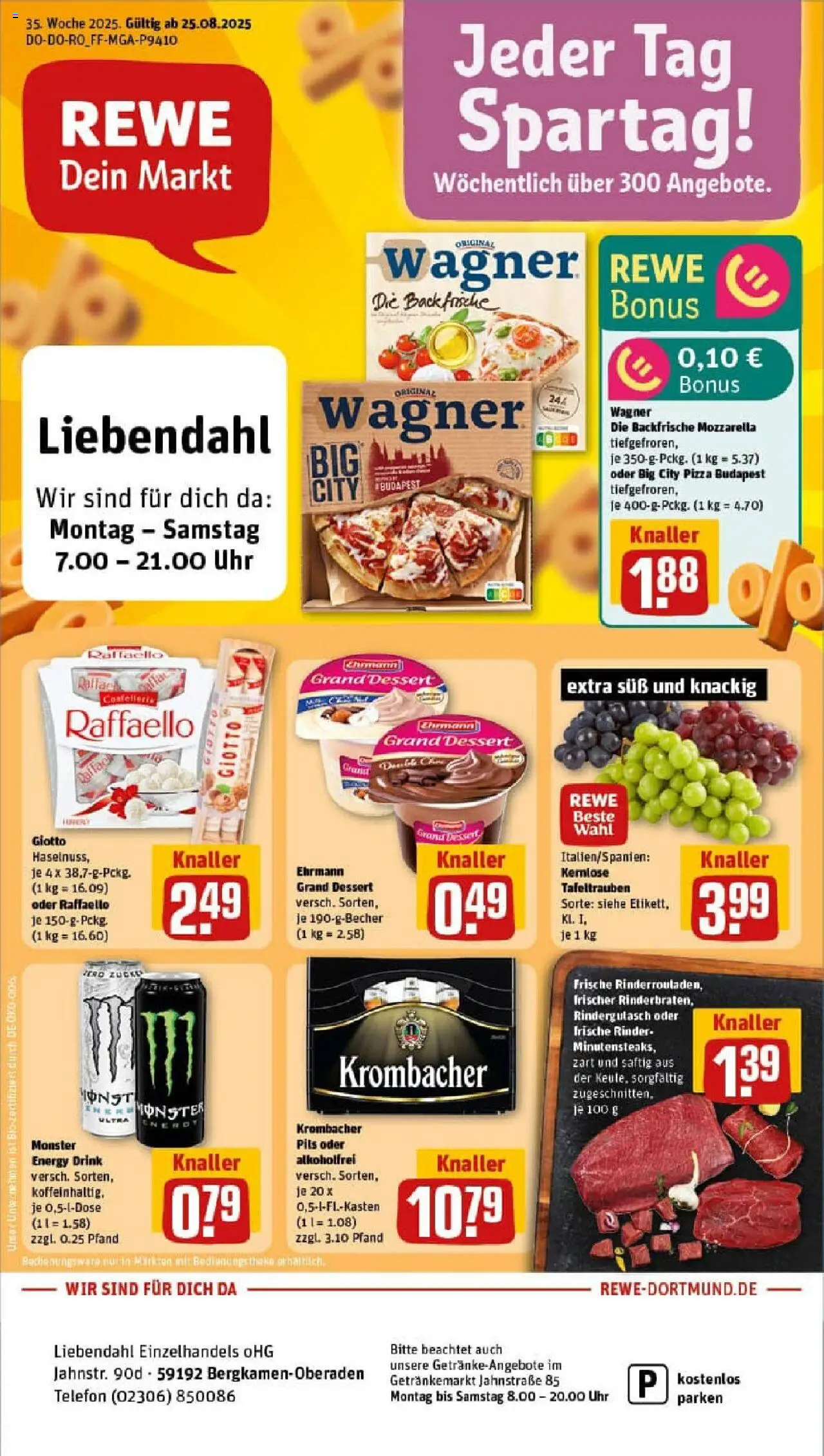Rewe prospekt Bergkamen	 - gültig ab dem 24.08.2025 | Seite: 1 | Produkte: Rinderrouladen, Energy, Monster, Krombacher