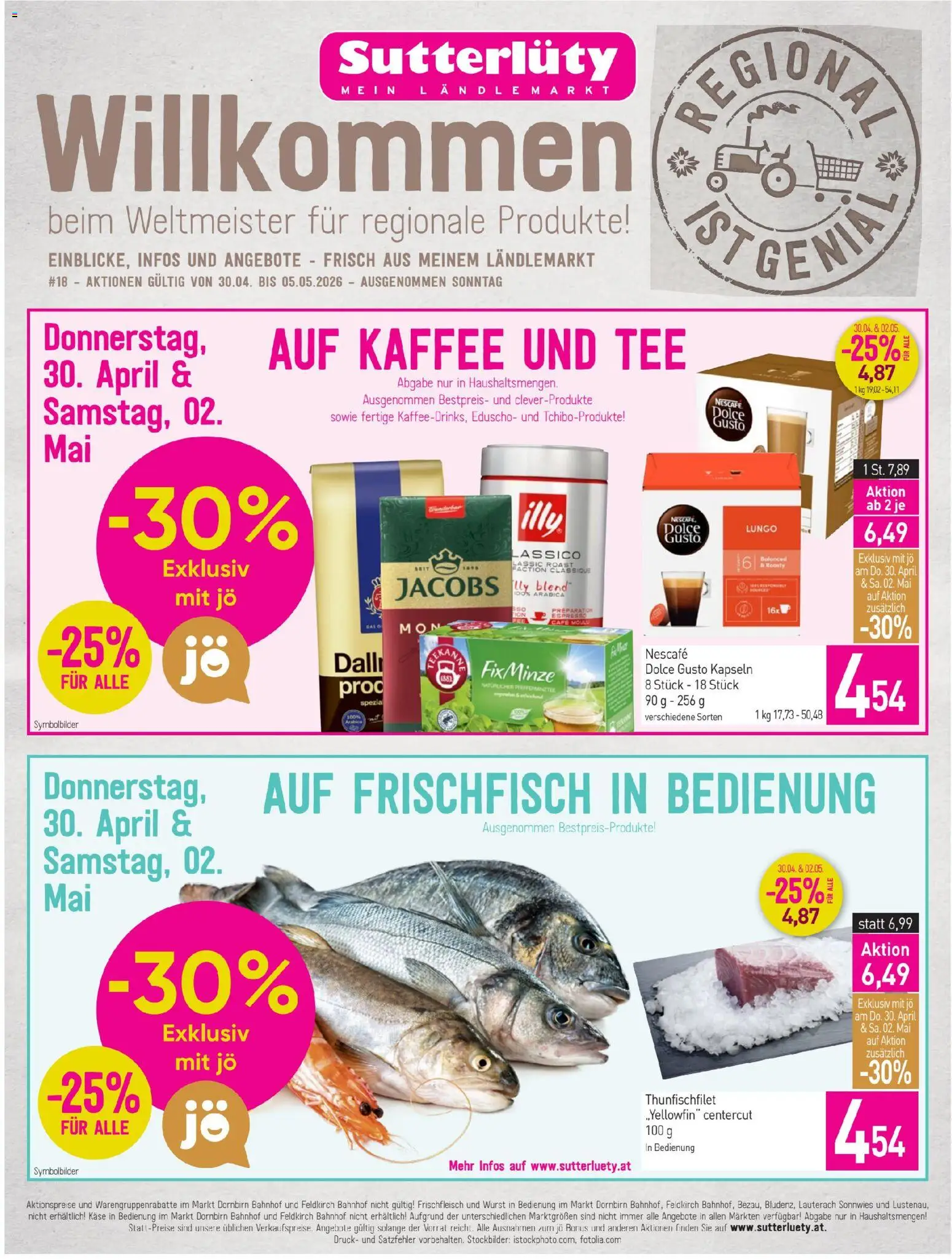 Sutterlüty Flugblatt gültig ab 30.04.2026 | Seite: 1 | Produkte: Wurst, Käse, Kaffee, Tee