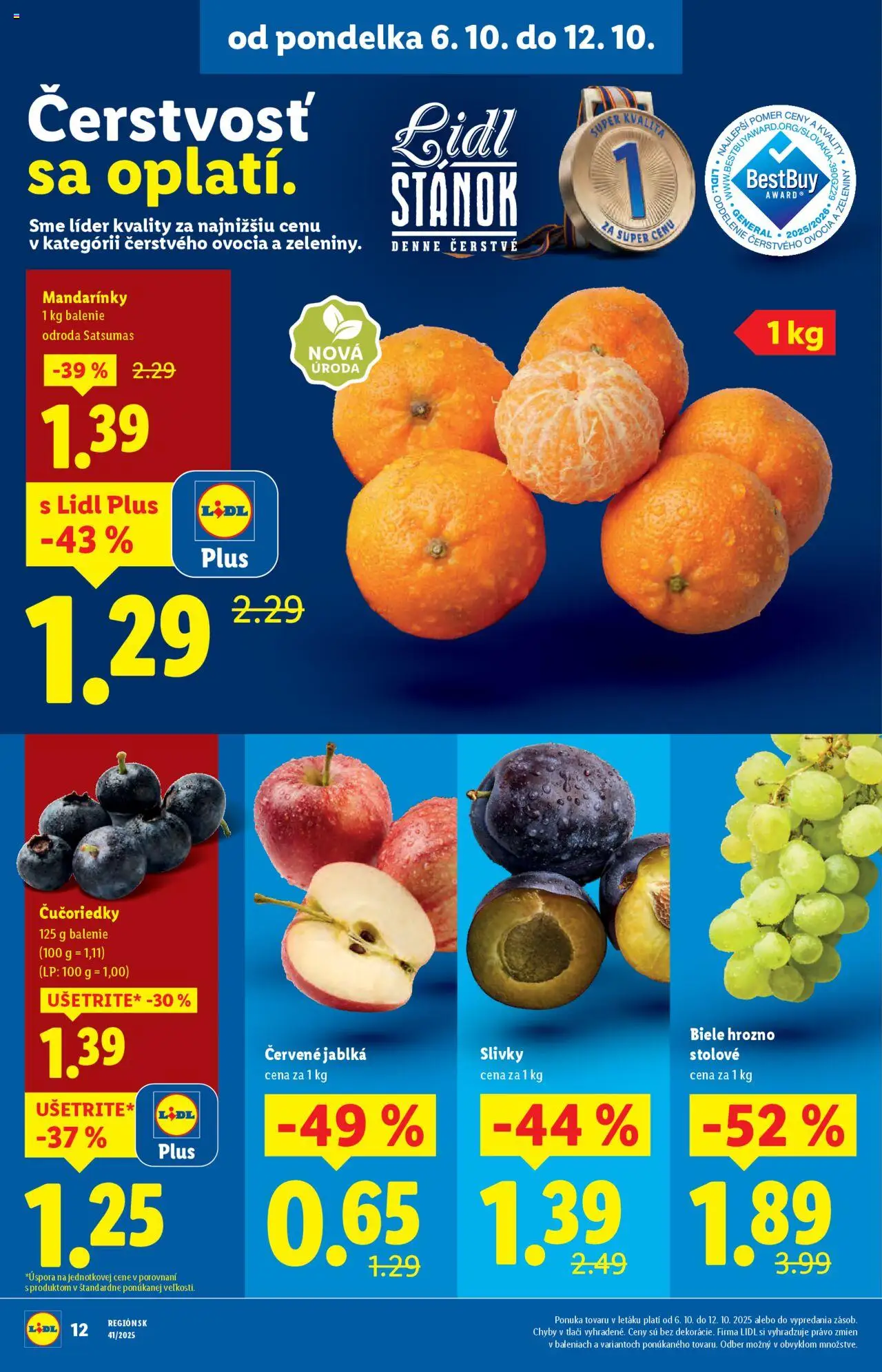 Nové Lidl akcie – leták je platný od 09.10.2025 | Strana: 52 | Produkty: Jablká, Čučoriedky, Mandarinky, Slivky