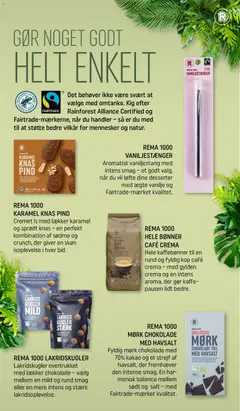 REMA 1000 MØRK CHOKOLADE MED HAVSALT, Fyldig mørk chokolade med 70% kakao og et strejf af havsalt, der fremhæver den intense smag. En harmonisk balance mellem sødt og salt - med Fairtrade-mærket kvalitet. gyldig fra 18.04.2026 | Side: 19 | Produkter: Vaniljestænger, Kaffe, Kakao, Lakrids