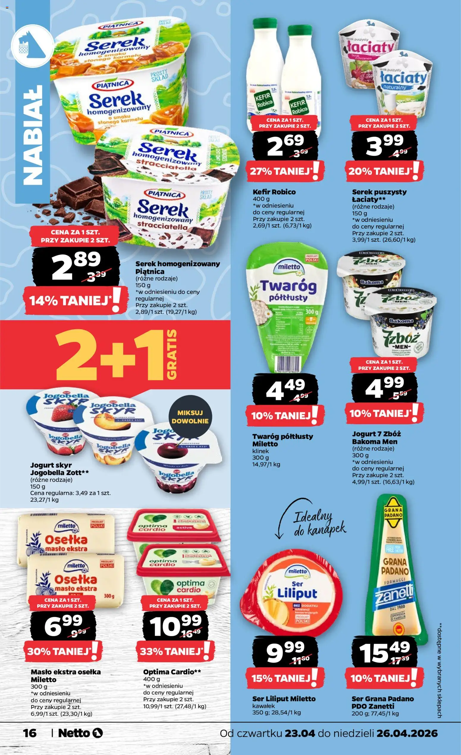 Netto gazetka od czwartku spożywcza od 23.04.2026 | Strona: 16 | Produkty: Masło ekstra osełka, Osełka, Optima cardio, Ser grana padano