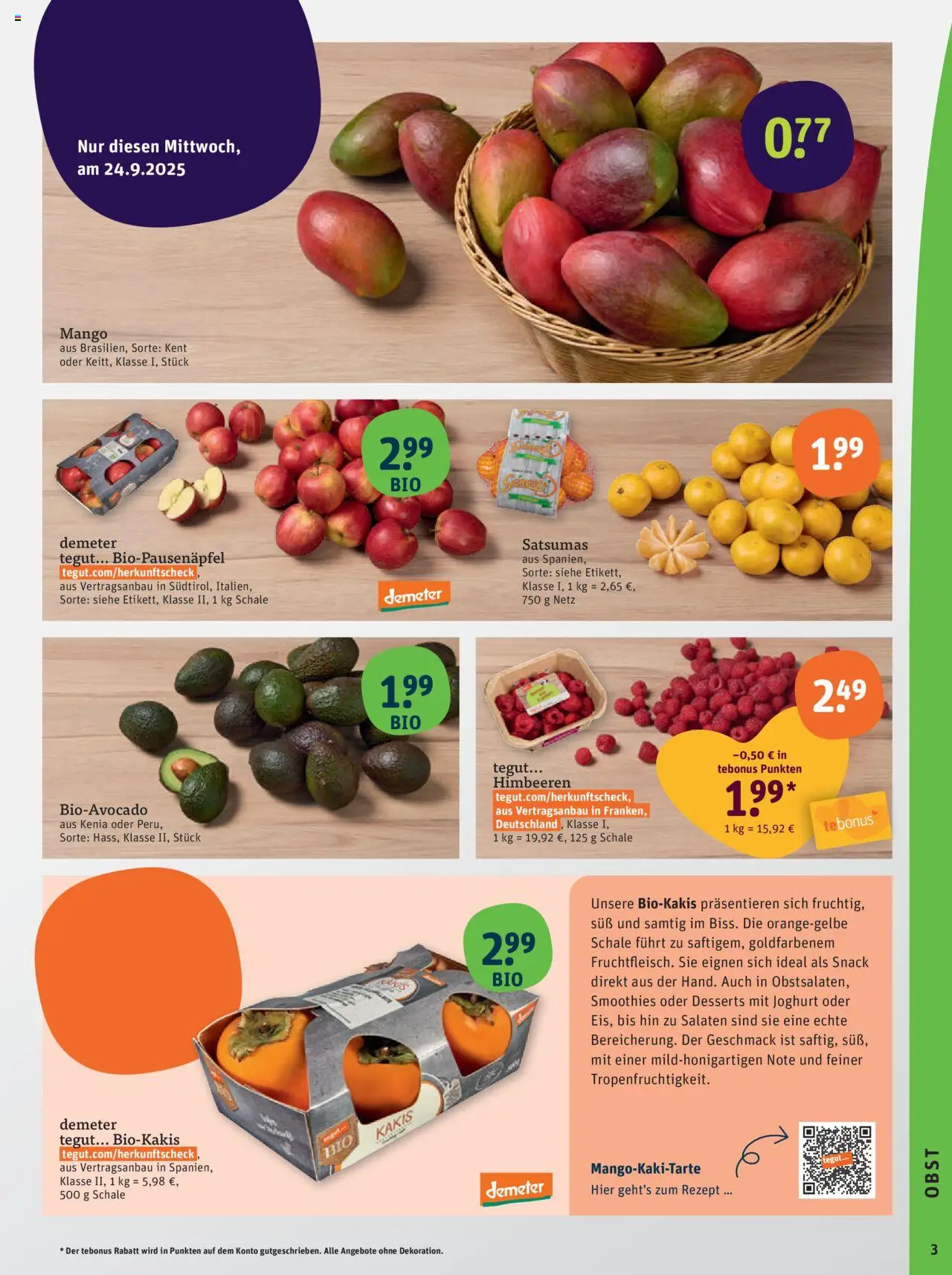 Tegut Prospekt 	 – gültig ab 25.09.2025 | Seite: 5 | Produkte: Himbeeren, Joghurt, Obst, Mango