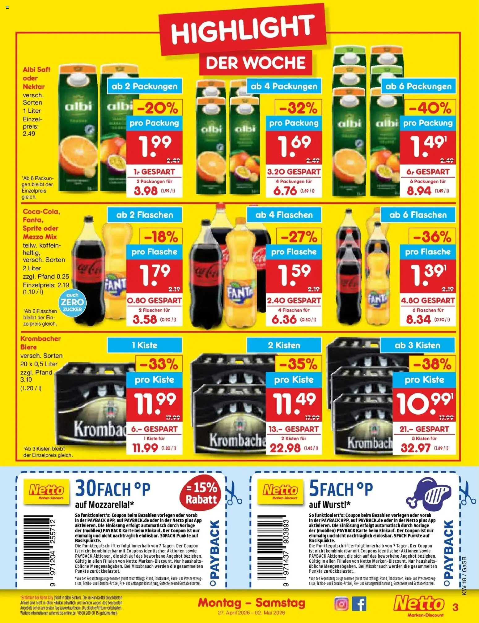 Netto Marken-Discount Prospekt Bremen-Lesum	 – gültig ab 27.04.2026 | Seite: 3 | Produkte: Mozzarella, Wurst, Krombacher, Oder mezzo mix