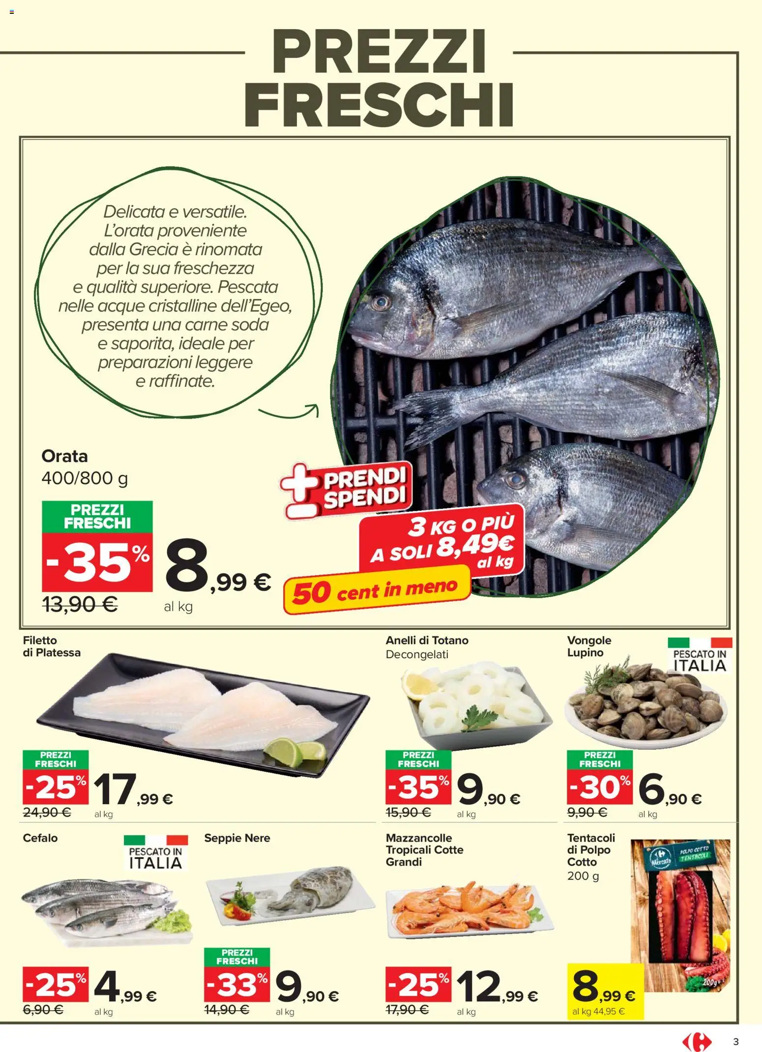 Volantino Carrefour del 02.03.2026 | Pagina: 3 | Prodotti: Vongole, Mazzancolle, Orata, Totano