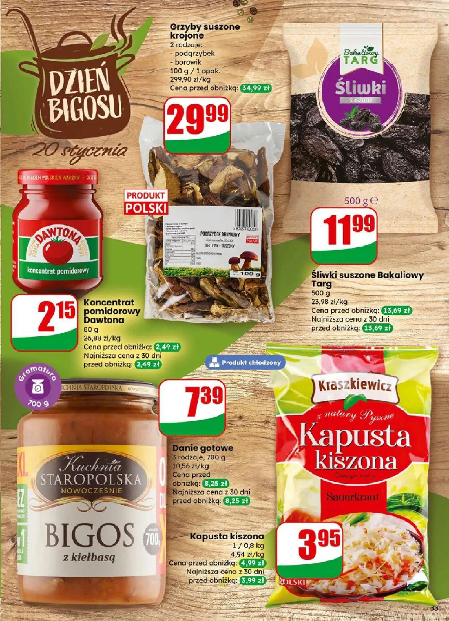 Dino Gazetka od 14.01.2026 | Strona: 33 | Produkty: Kapusta, Kapusta kiszona, Śliwki suszone, Grzyby suszone