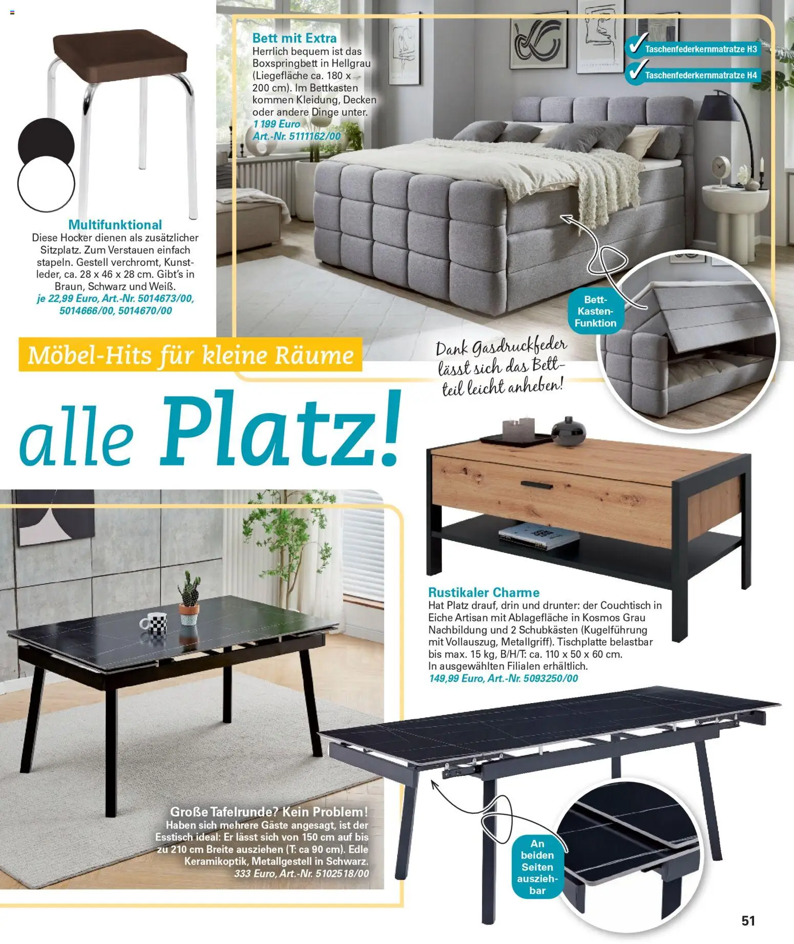 Poco Wohnwelt Winter 2025 – gültig ab 01.12.2025 | Seite: 51 | Produkte: Esstisch, Bett, Boxspringbett, Couchtisch