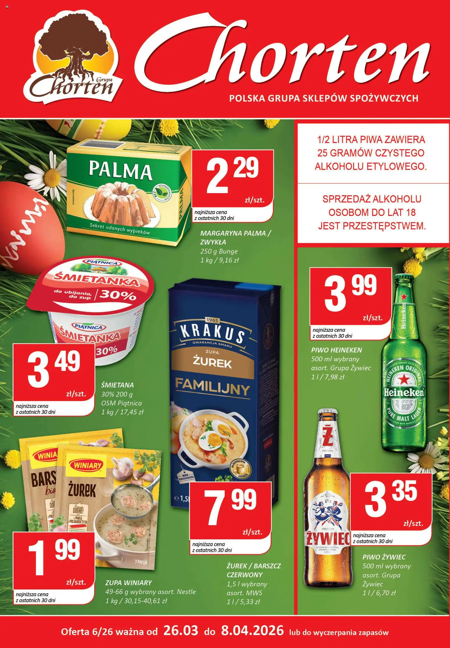 Chorten gazetka - Plakat od 26.03.2026 | Strona: 1 | Produkty: Barszcz, Margaryna, Piwo, Heineken
