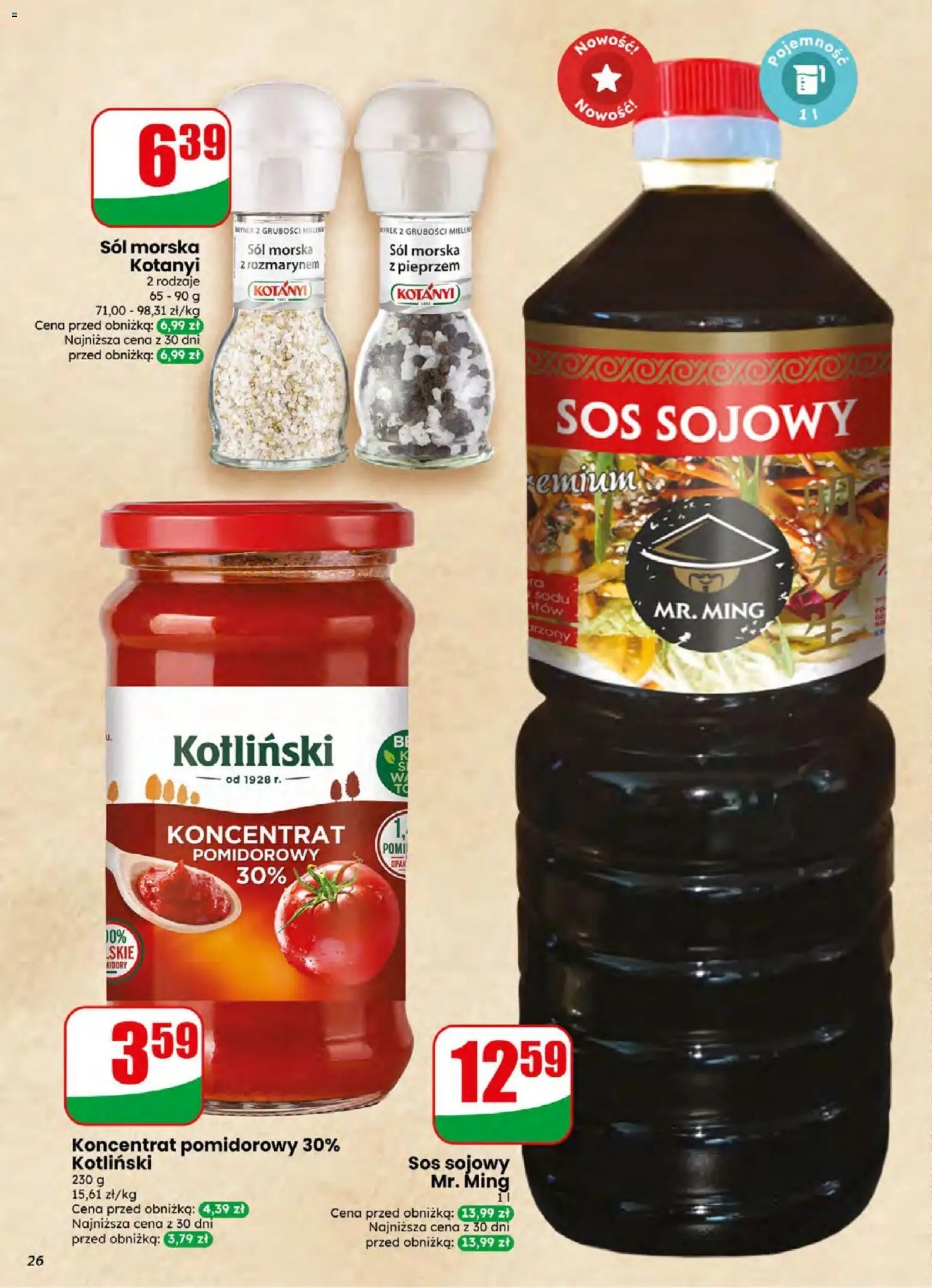 Dino gazetka od 15.04.2026 | Strona: 26 | Produkty: Koncentrat pomidorowy, Sos sojowy, Sos, Sól