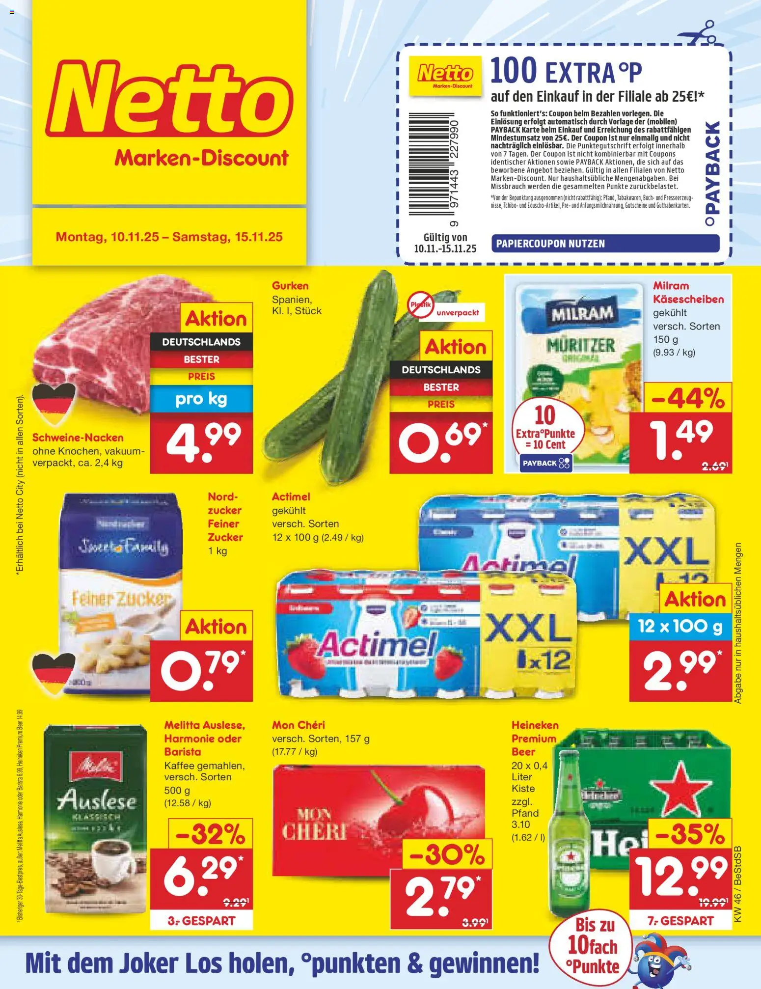 Netto Marken-Discount Prospekt 	 – gültig ab 10.11.2025 | Seite: 1 | Produkte: Melitta, Heineken, Gurken, Mon cheri