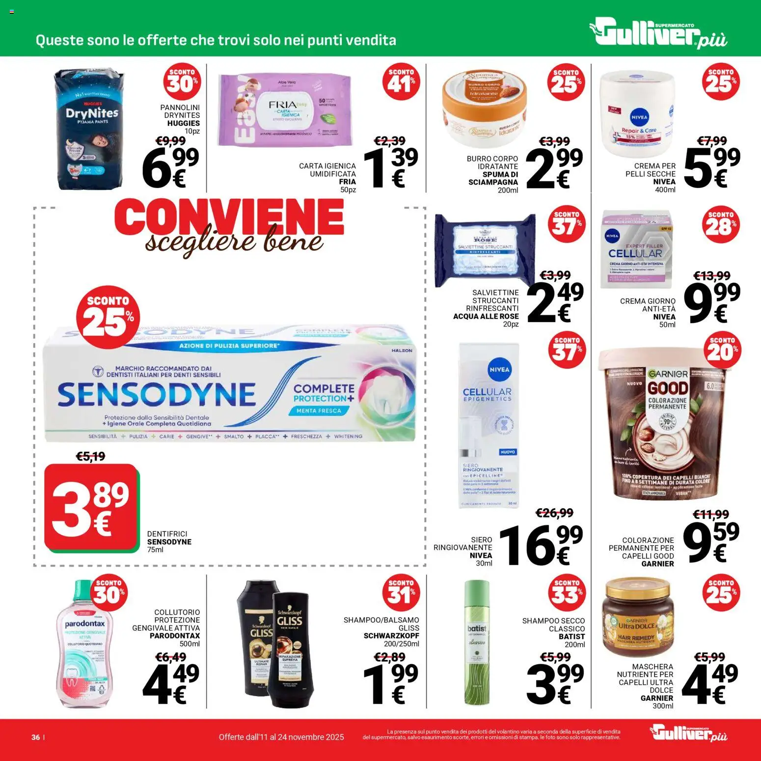 Volantino Gulliver del 11.11.2025 | Pagina: 36 | Prodotti: Pannolini, Carta igienica, Acqua, Aloe vera