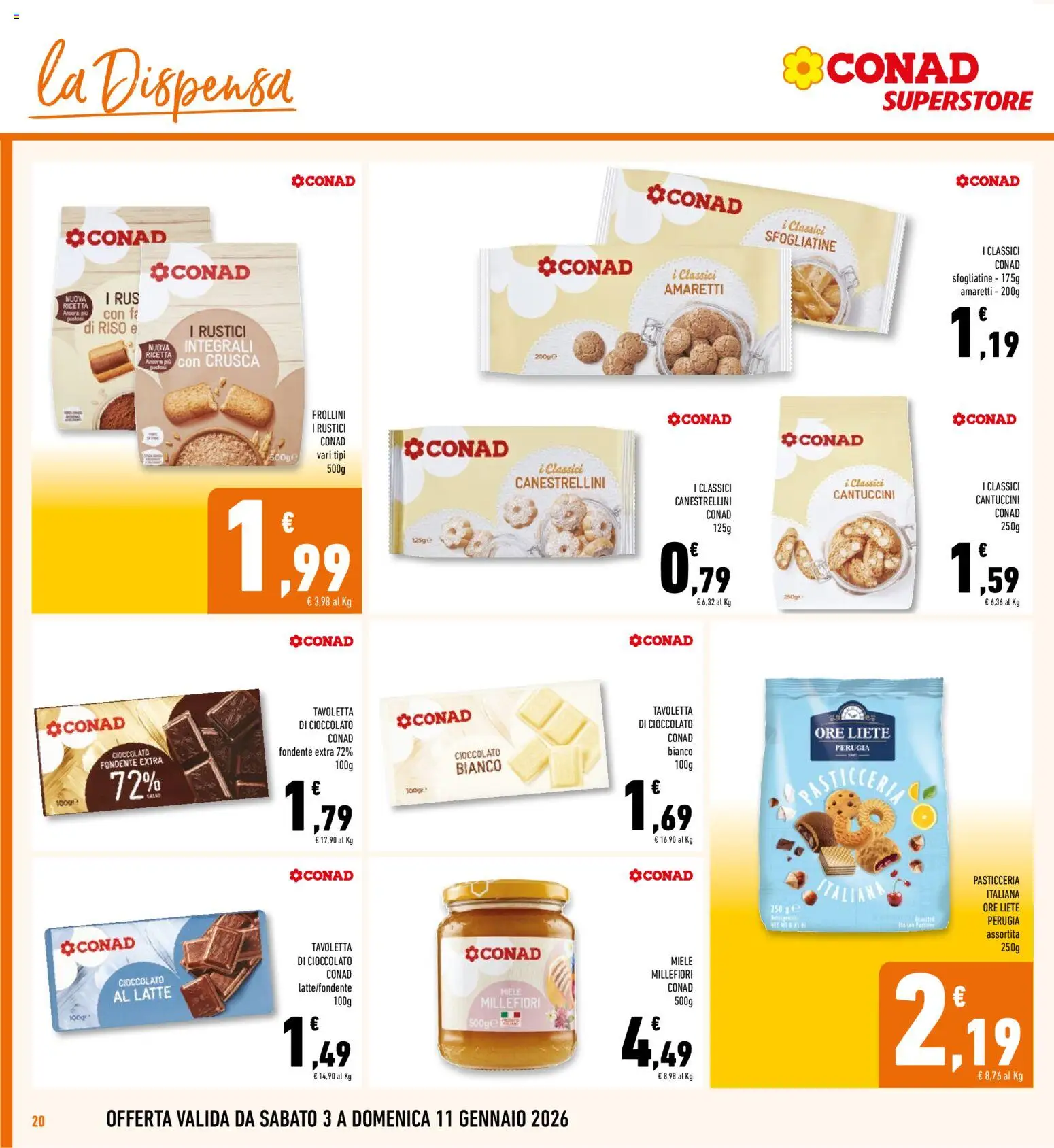 Volantino Conad del 03.01.2026 | Pagina: 20 | Prodotti: Cioccolato, Riso, Miele, Rustici