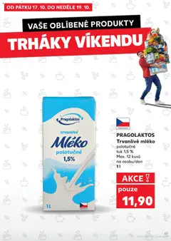 Náhled letáku PRAGOLAKTOS Trvanlivé mléko, polotučné, tuk 1,5%, Max. 12 kusů na osobu/den od 15.10.2025 | Strana: 67 | Produkty: Mléko