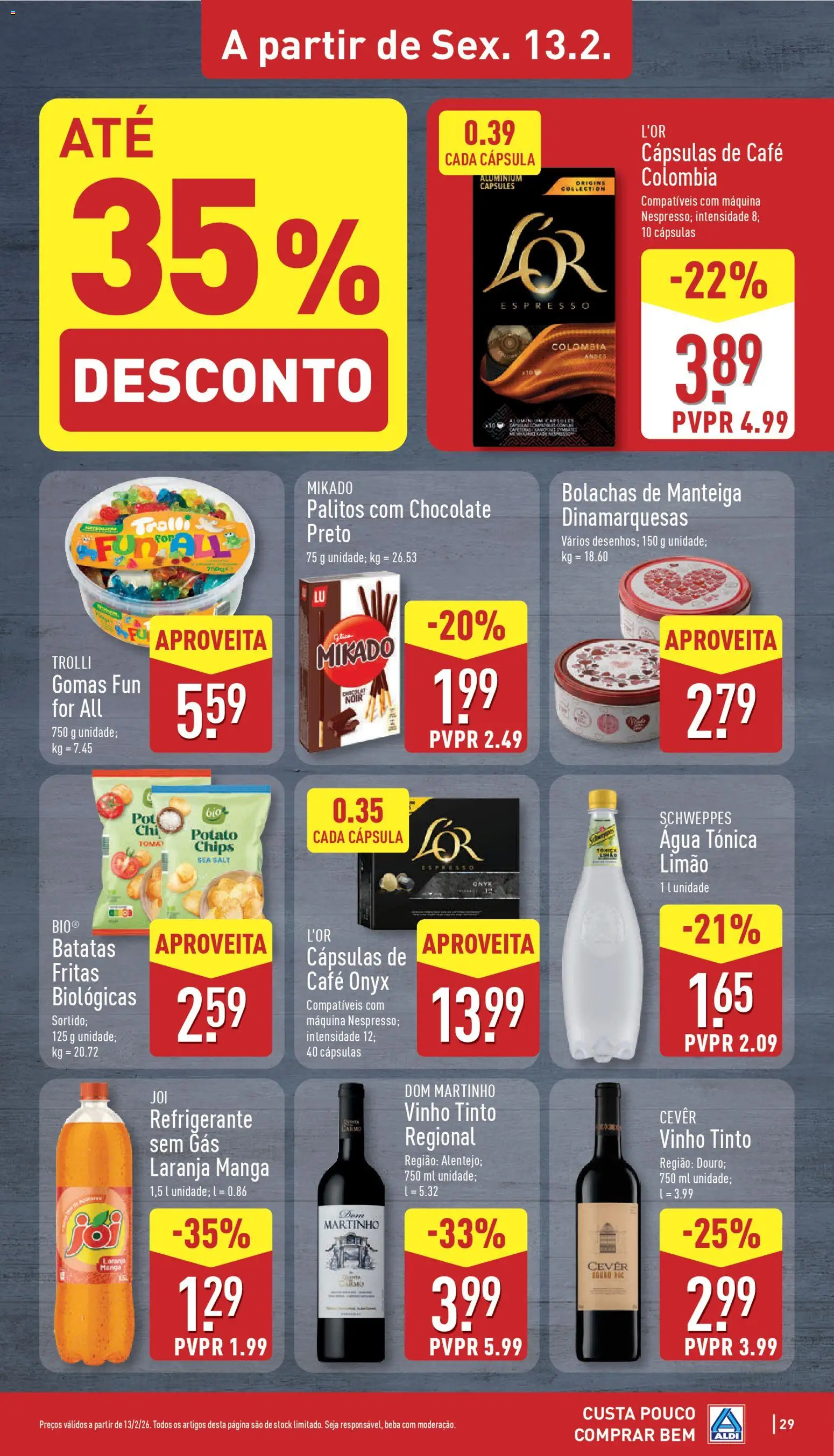 Aldi folheto │ válido de 09.02.2026 | Página: 29 | Produtos: Agua, Chocolate, Gomas, Vinho tinto