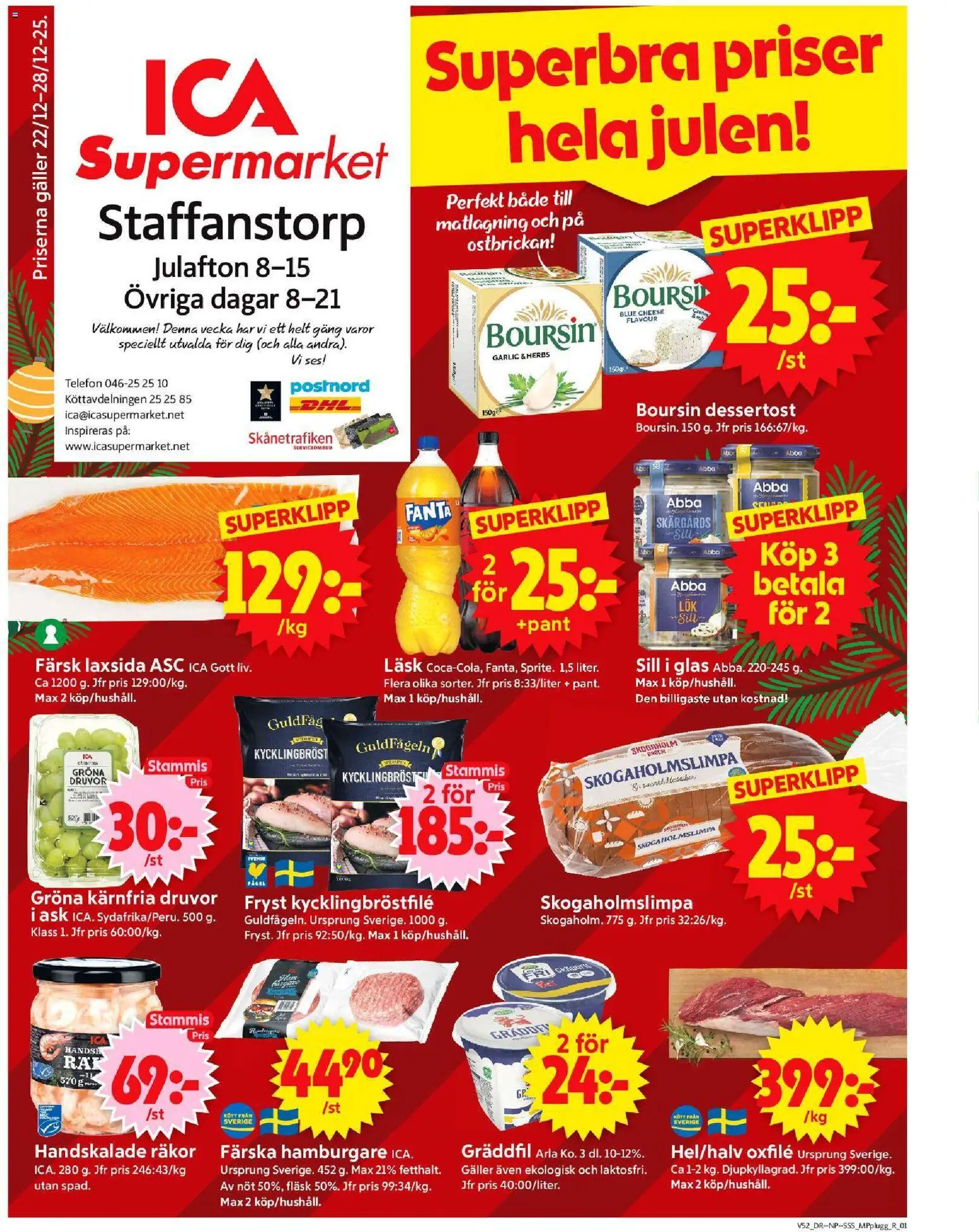 ICA Supermarket reklamblad aktuell från 22.12.2025 | Sida: 1 | Produkter: Hamburgare, Sill, Räkor, Telefon