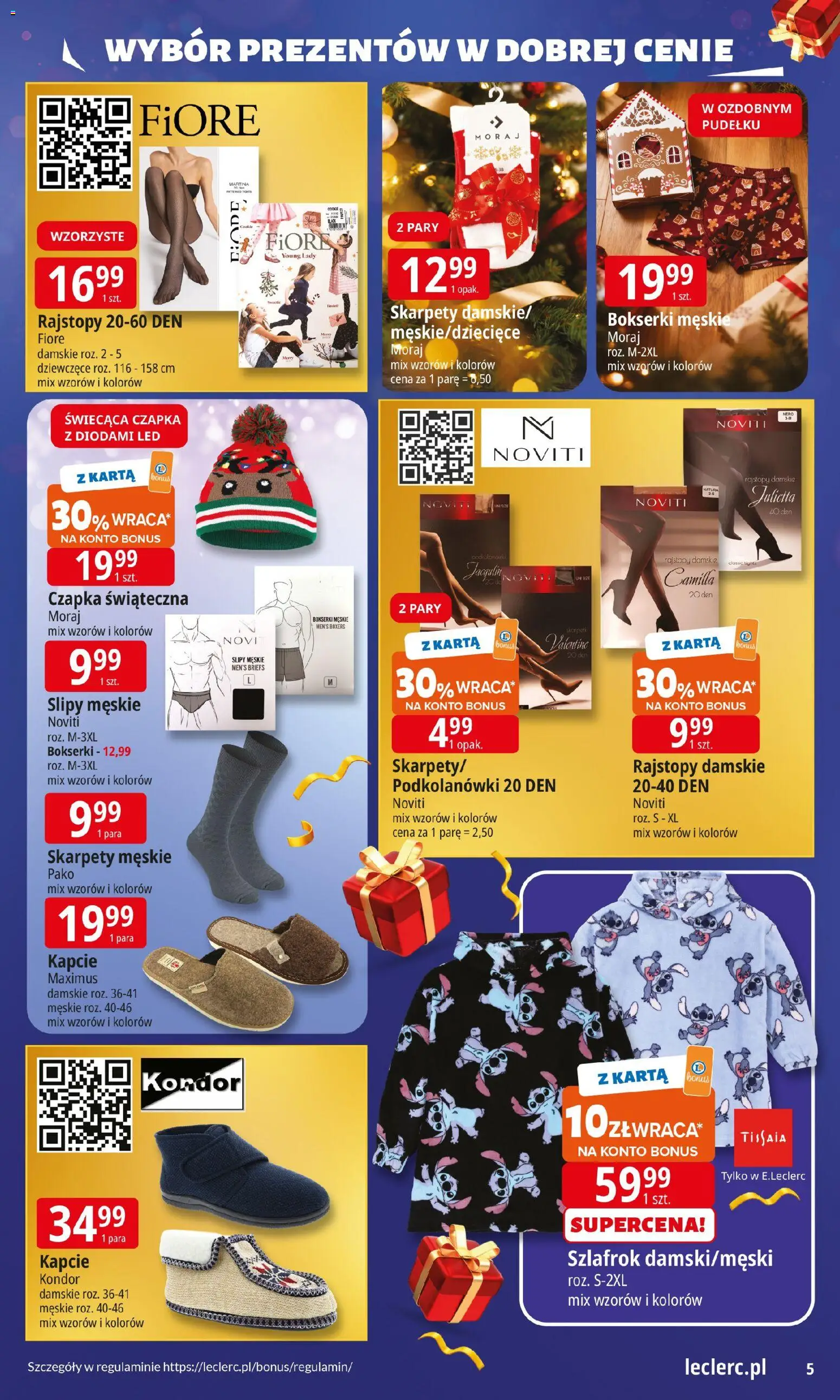 E.Leclerc Gazetka - Prezenty od 02.12.2025 | Strona: 5 | Produkty: Karta, Rajstopy, Bokserki męskie, Skarpety męskie